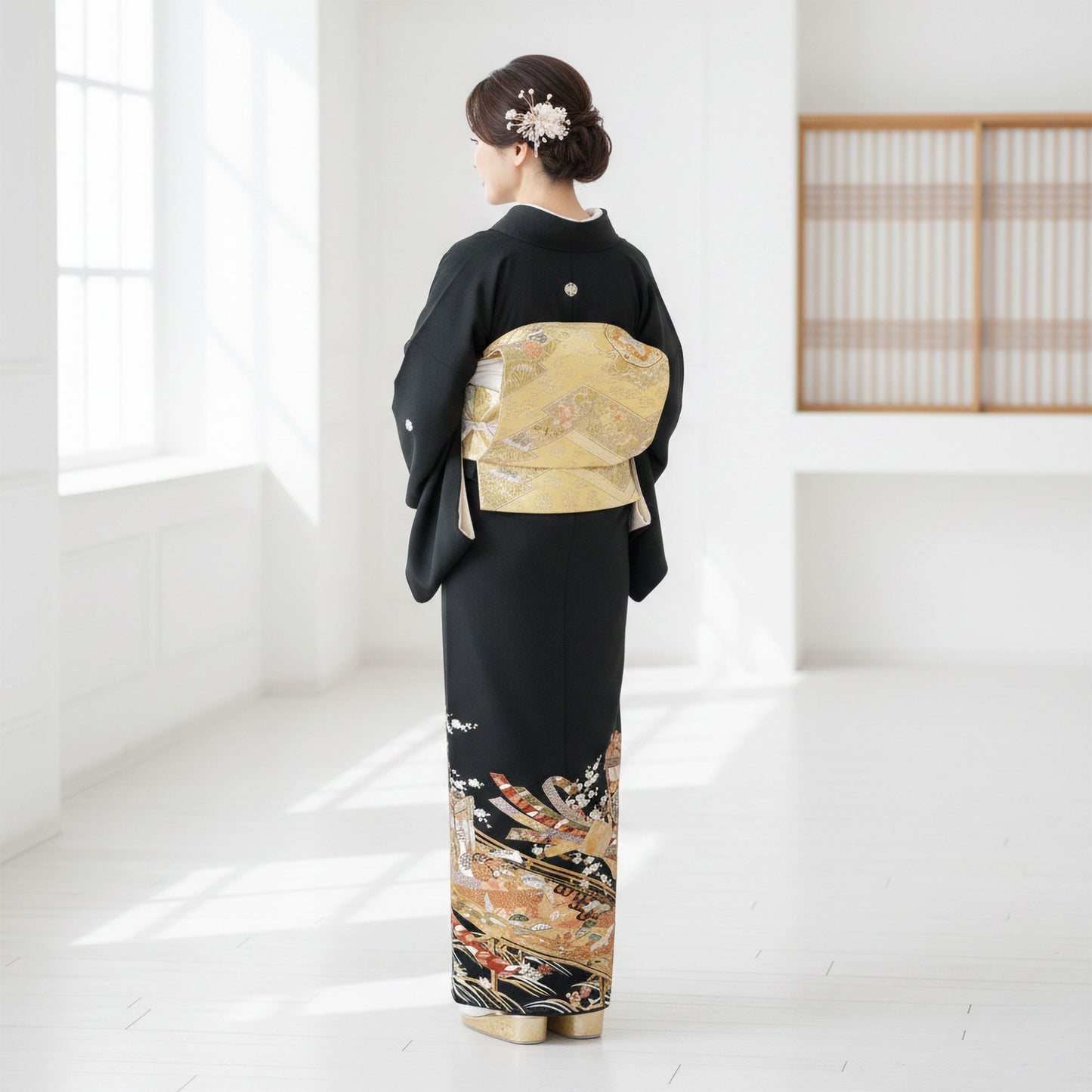 【レンタル】黒留袖フルセット五三桐正絹礼装結婚式母親親族用着物3泊4日往復送料無料簡単返却【MサイズNo.0009】
