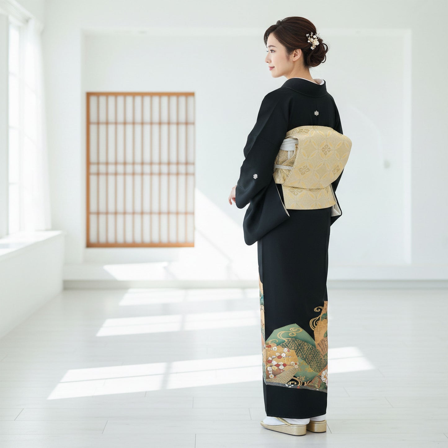 【レンタル】黒留袖フルセット五三桐正絹礼装結婚式母親親族用着物3泊4日往復送料無料簡単返却【MサイズNo.0011】