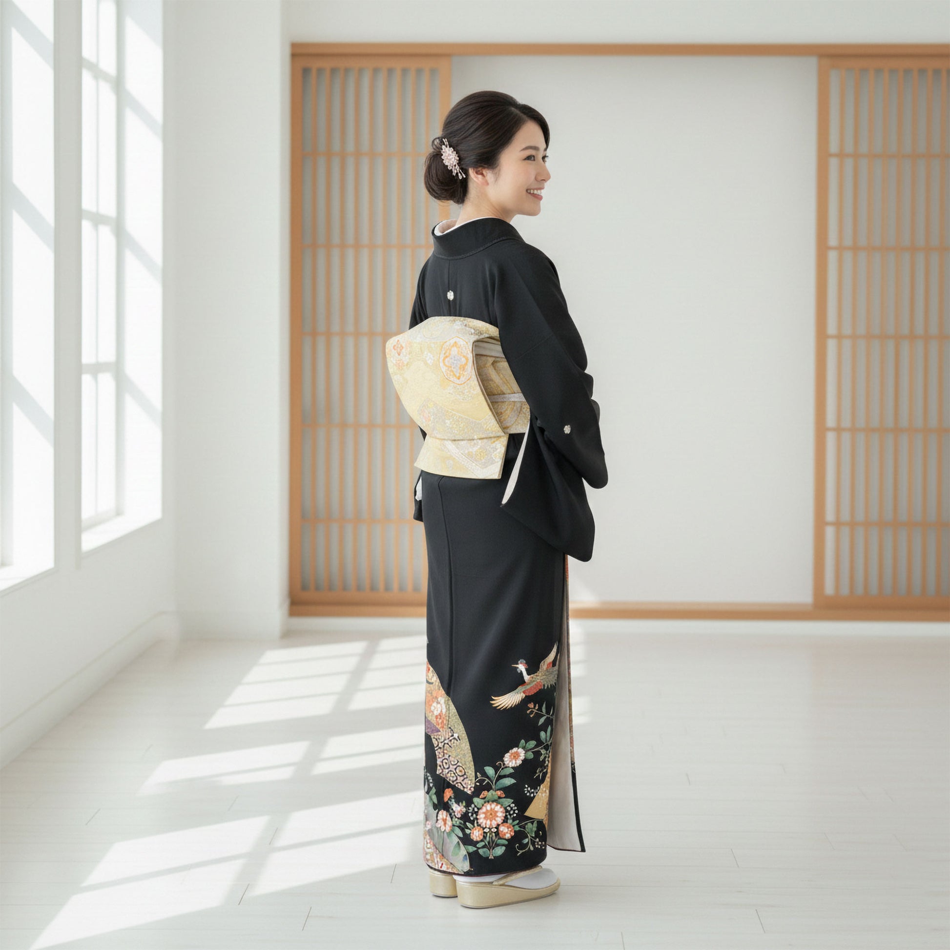 【レンタル】黒留袖フルセット五三桐正絹礼装結婚式母親親族用着物3泊4日往復送料無料簡単返却【MサイズNo.0013】