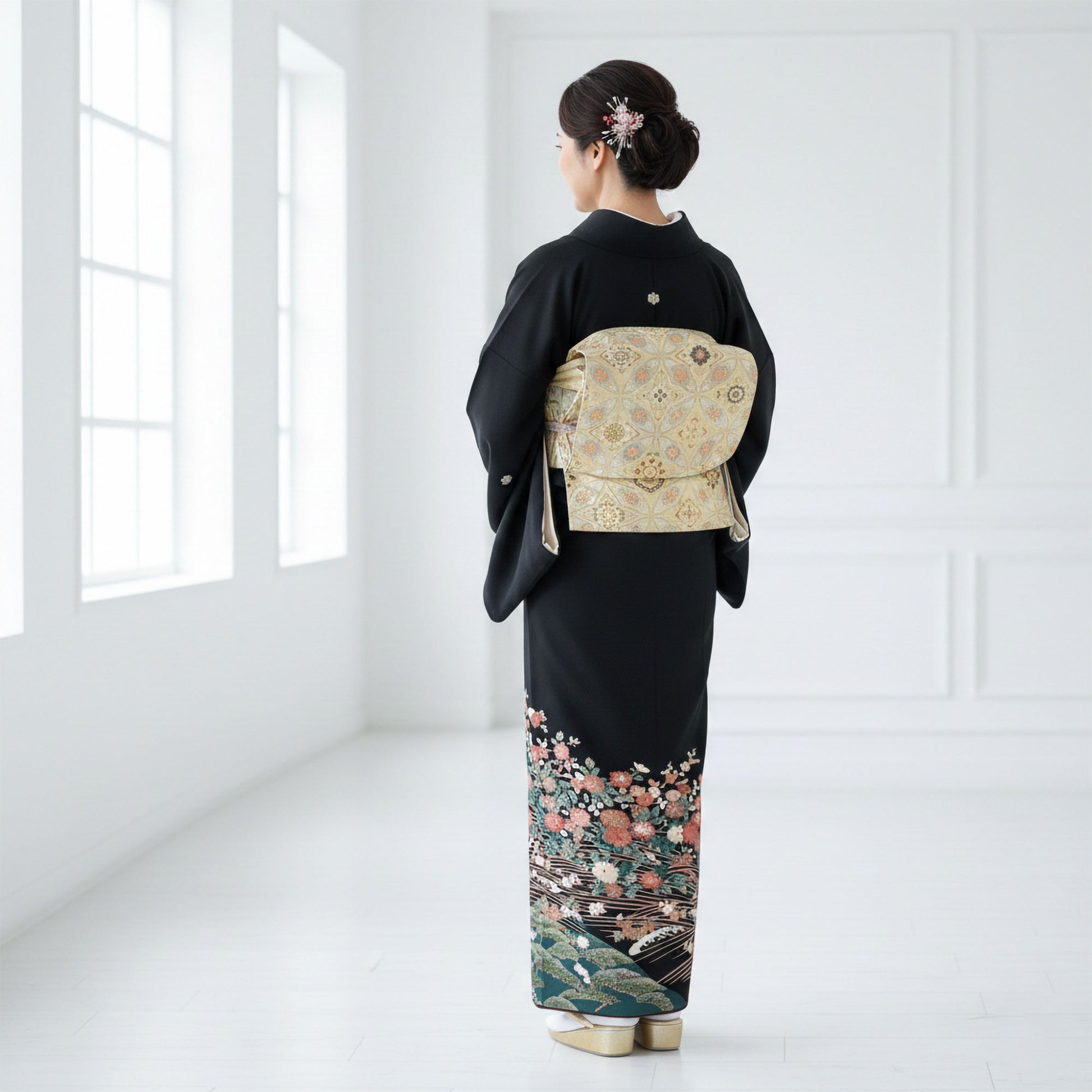 【レンタル】黒留袖フルセット五三桐正絹礼装結婚式母親親族用着物3泊4日往復送料無料簡単返却【MサイズNo.0020】