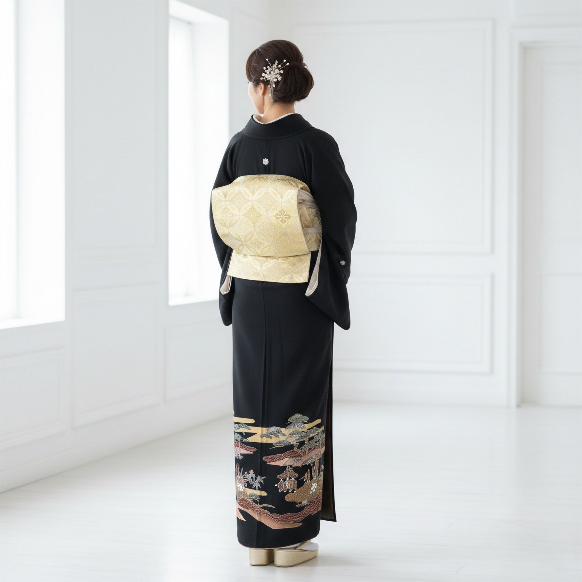 【レンタル】黒留袖フルセット五三桐正絹礼装結婚式母親親族用着物3泊4日往復送料無料簡単返却【MサイズNo.0021】