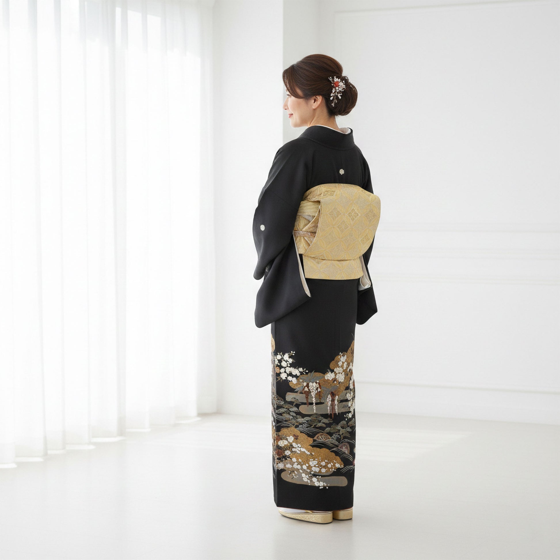 【レンタル】黒留袖フルセット五三桐正絹礼装結婚式母親親族用着物3泊4日往復送料無料簡単返却【MサイズNo.0024】