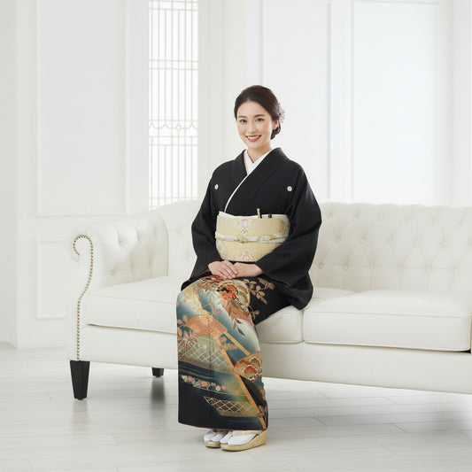 【レンタル】黒留袖フルセット【結婚式婚礼貸衣装】【往復送料無料】[Mサイズ]高級正絹比翼仕立て五つ紋草履バッグ付き母親族着物ウェディング