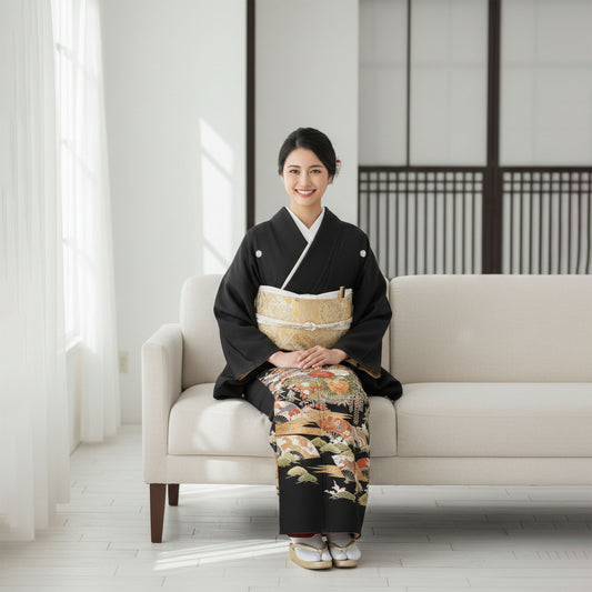 【レンタル】黒留袖フルセット【結婚式婚礼貸衣装】【往復送料無料】[Mサイズ]高級正絹比翼仕立て五つ紋草履バッグ付き母親族着物ウェディング