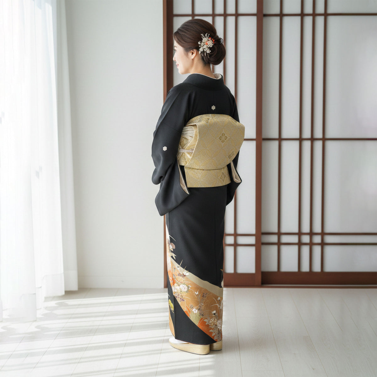 【レンタル】黒留袖フルセット五三桐正絹礼装結婚式母親親族用着物3泊4日往復送料無料簡単返却【MサイズNo.0029】