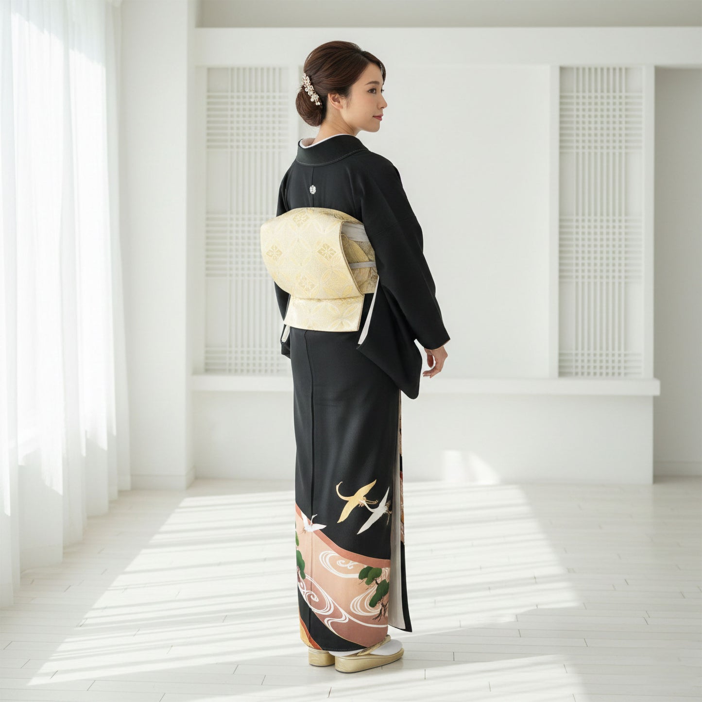 【レンタル】黒留袖フルセット五三桐正絹礼装結婚式母親親族用着物3泊4日往復送料無料簡単返却【MサイズNo.0033】