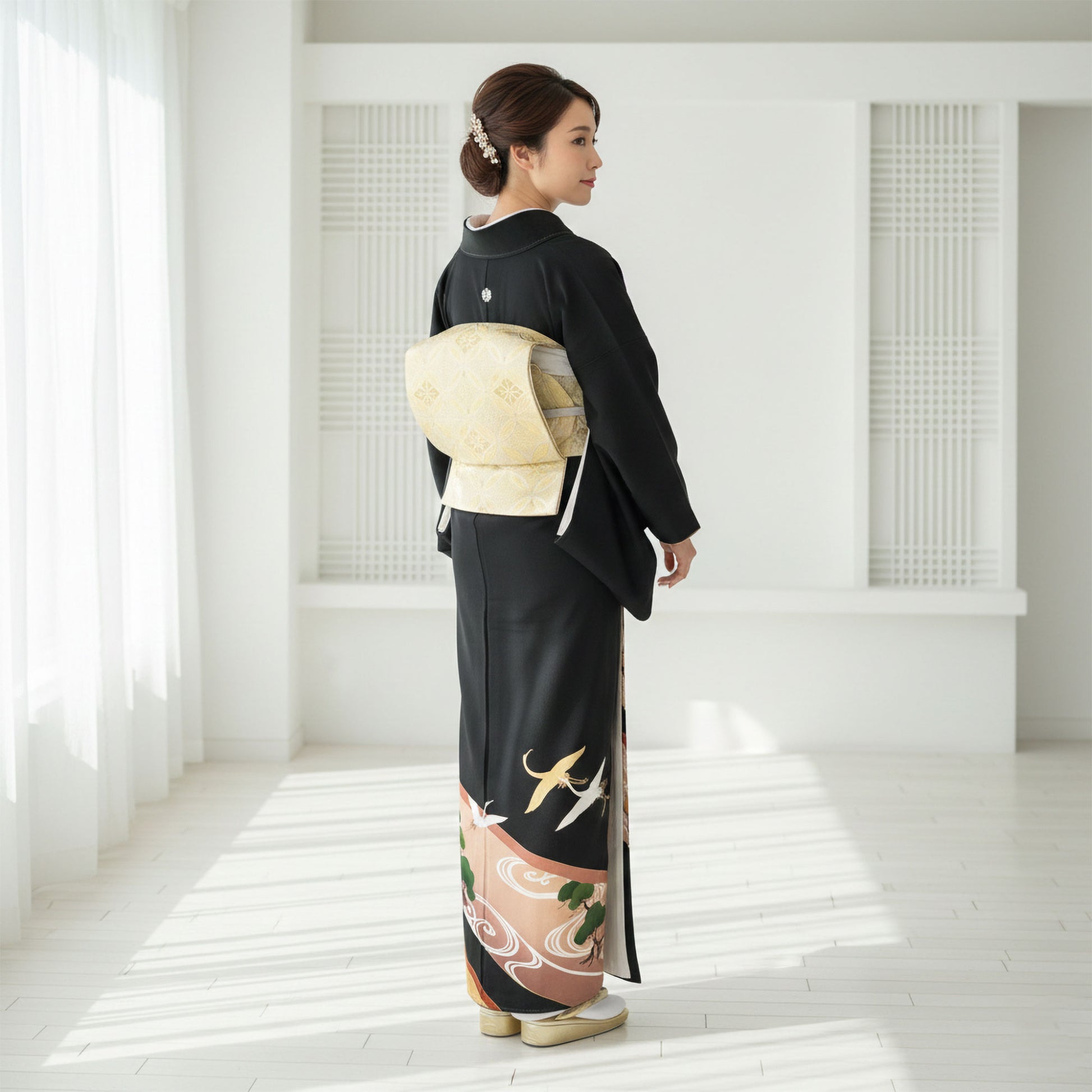 【レンタル】黒留袖フルセット五三桐正絹礼装結婚式母親親族用着物3泊4日往復送料無料簡単返却【MサイズNo.0033】
