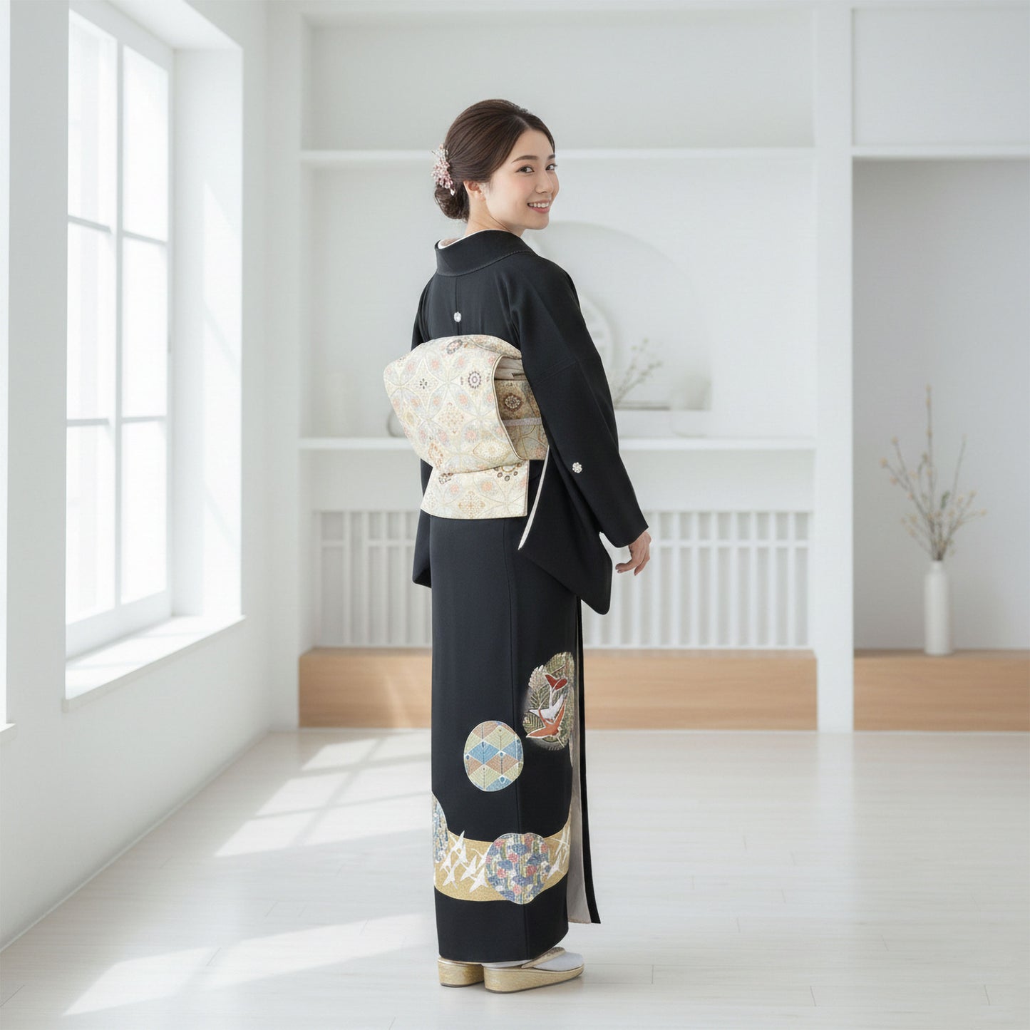【レンタル】黒留袖フルセット五三桐正絹礼装結婚式母親親族用着物3泊4日往復送料無料簡単返却【MサイズNo.0035】