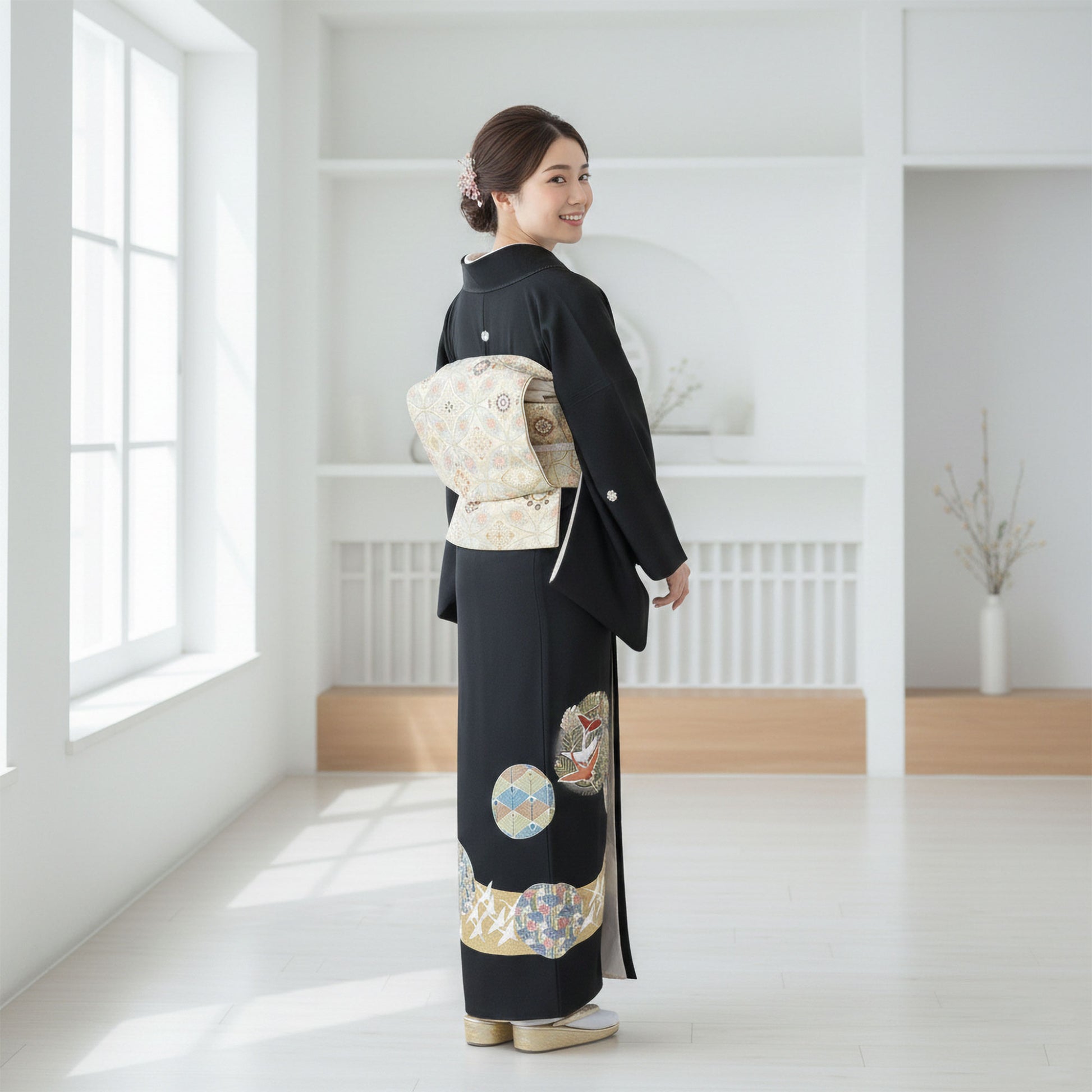 【レンタル】黒留袖フルセット五三桐正絹礼装結婚式母親親族用着物3泊4日往復送料無料簡単返却【MサイズNo.0035】