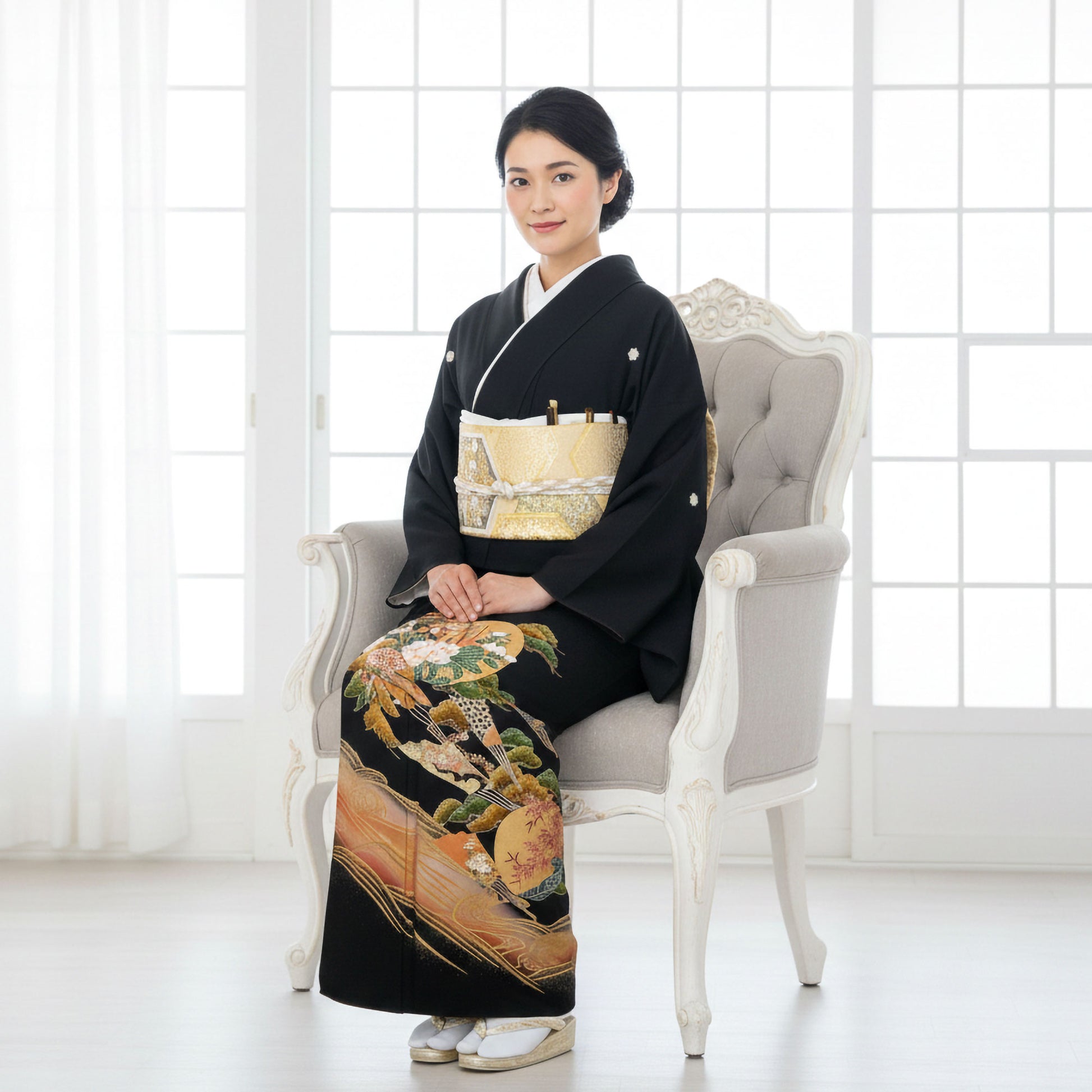 レンタル黒留袖フルセットLサイズ【結婚式婚礼貸衣装】【往復送料無料】No72