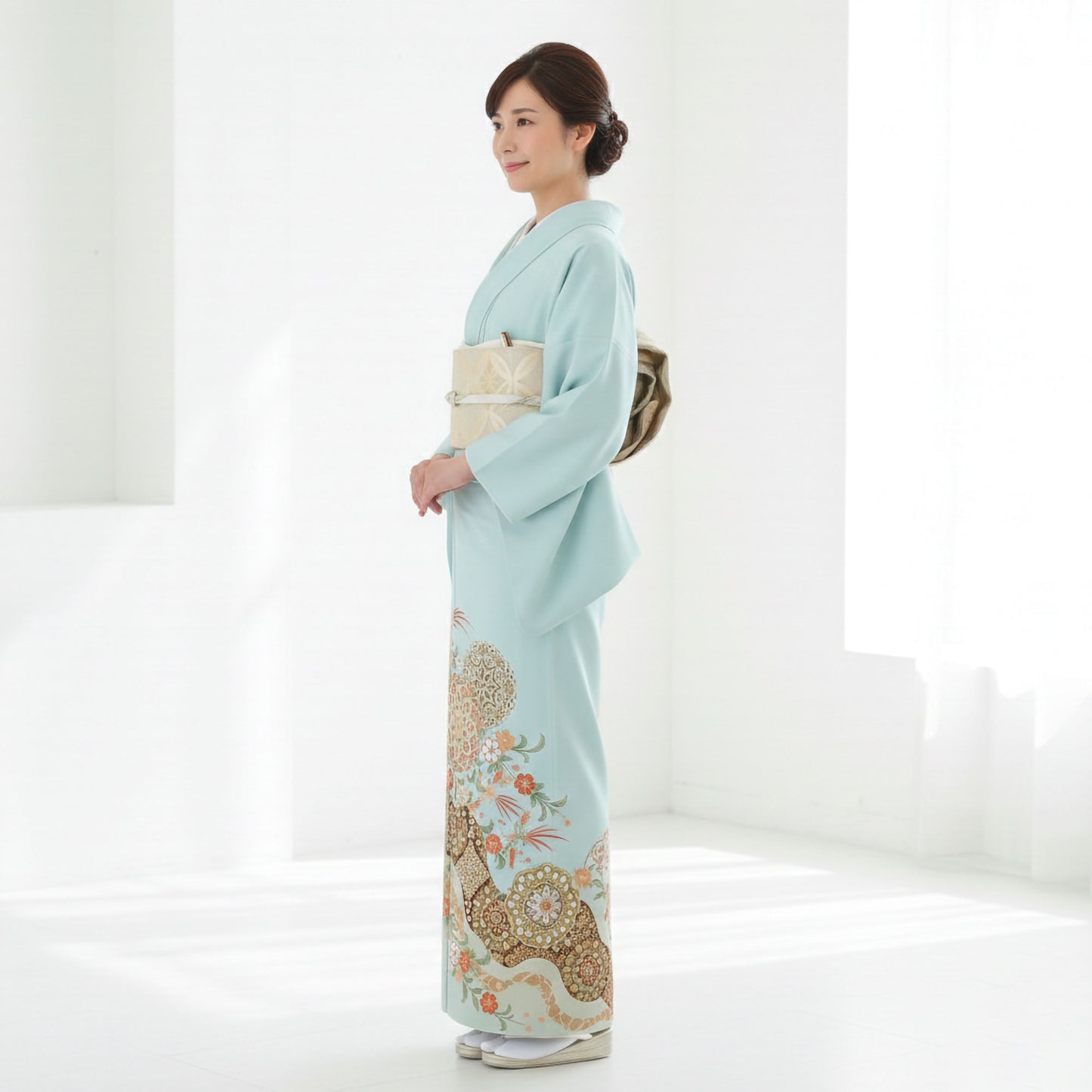 【レンタル】JAPAN STYLE ジャパンスタイル 色留袖 フルセット コーディネート済帯【結婚式 婚礼 貸衣装】【往復送料無料】 五三桐 青 ブルー高級 正絹 比翼仕立て 五つ紋 草履 バッグ付き 母 親族 着物