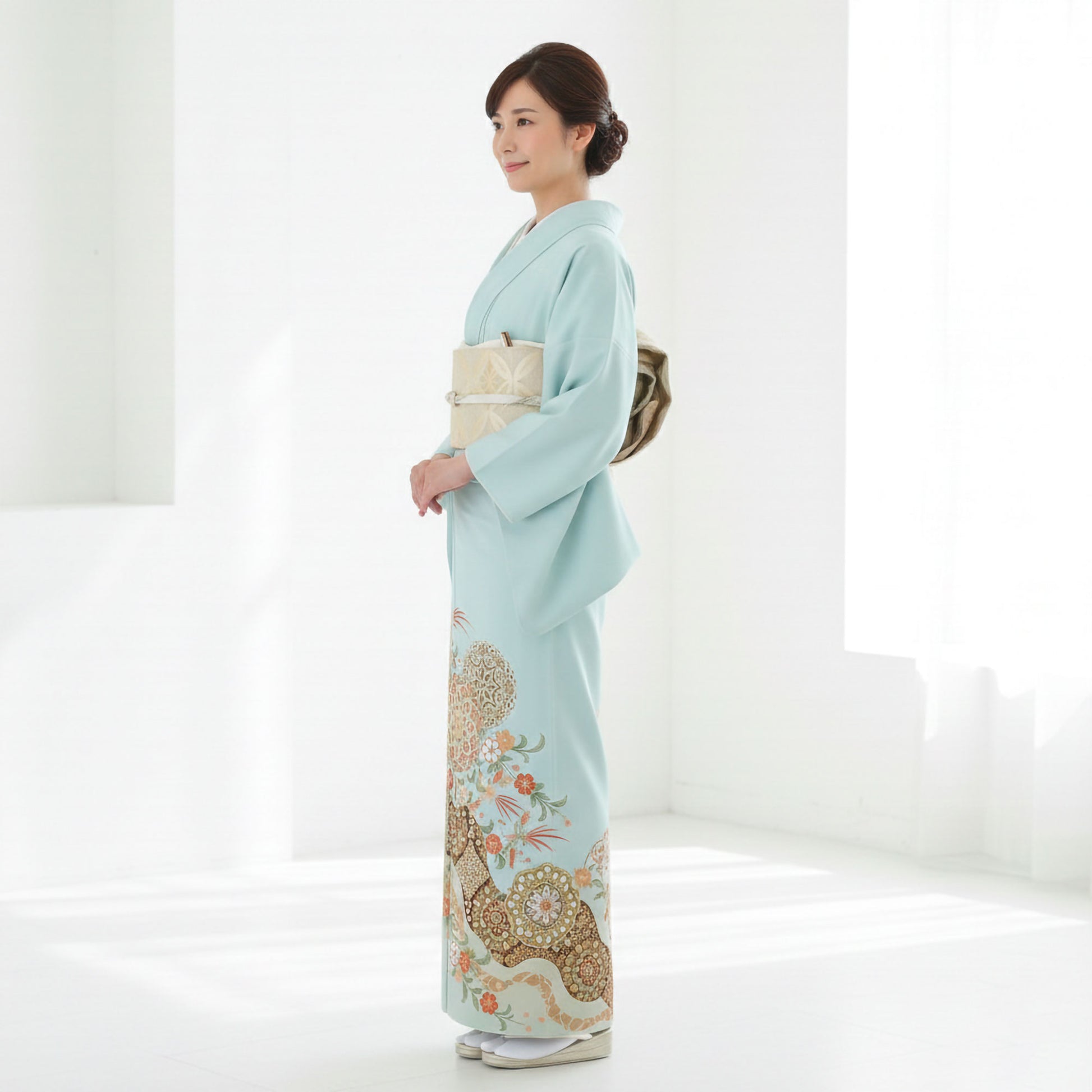 【レンタル】JAPAN STYLE ジャパンスタイル 色留袖 フルセット コーディネート済帯【結婚式 婚礼 貸衣装】【往復送料無料】 五三桐 青 ブルー高級 正絹 比翼仕立て 五つ紋 草履 バッグ付き 母 親族 着物