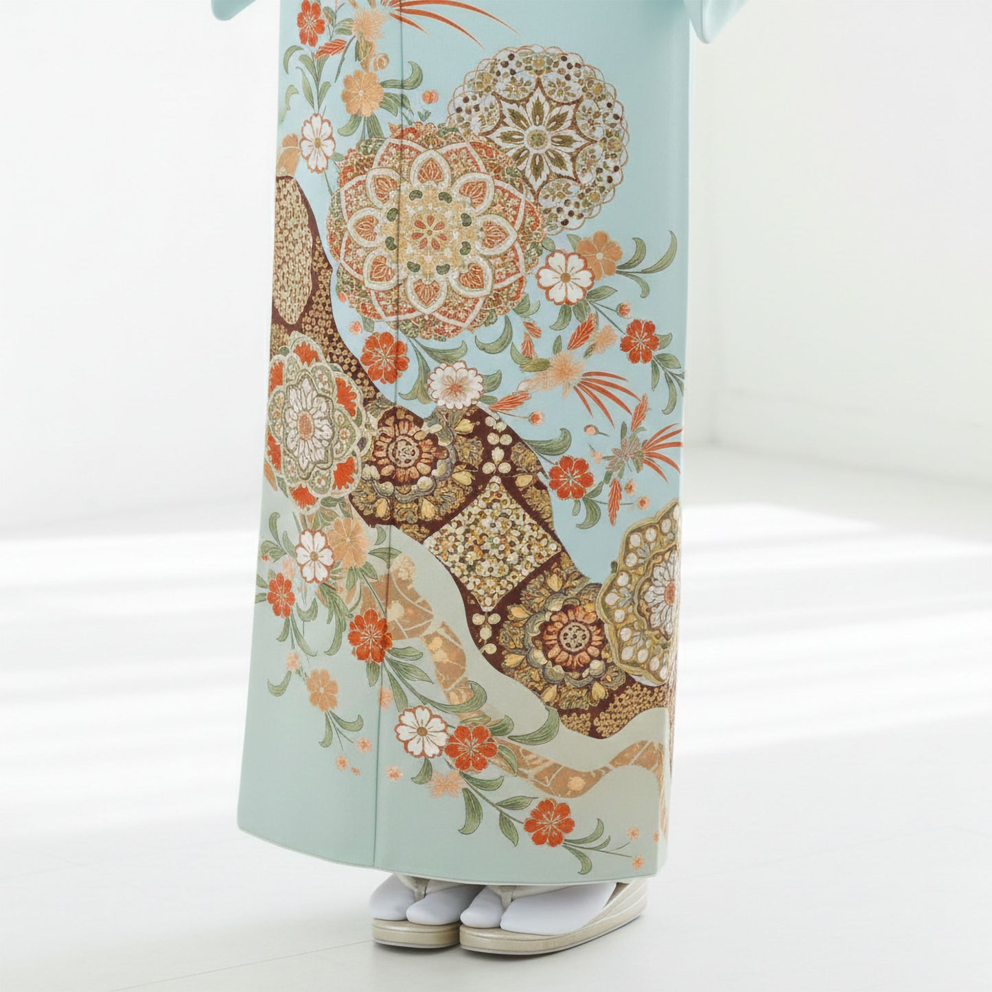 【レンタル】JAPAN STYLE ジャパンスタイル 色留袖 フルセット コーディネート済帯【結婚式 婚礼 貸衣装】【往復送料無料】 五三桐 青 ブルー高級 正絹 比翼仕立て 五つ紋 草履 バッグ付き 母 親族 着物