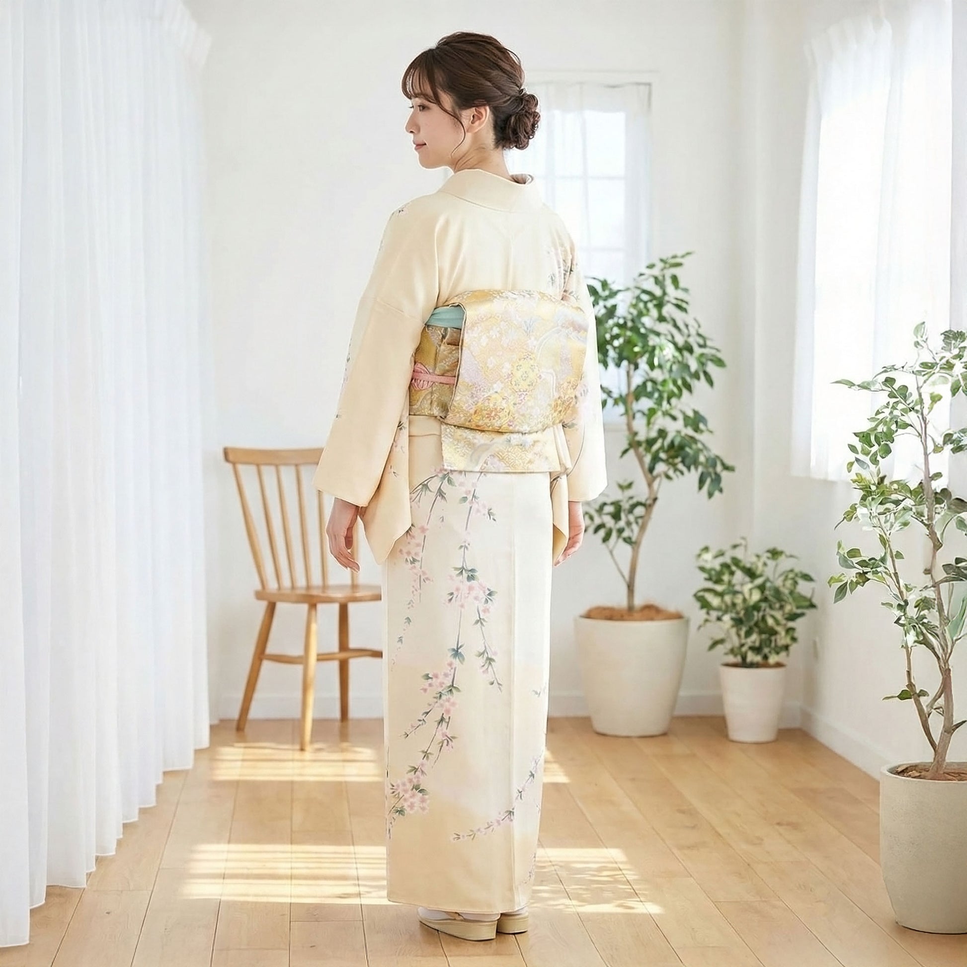 【レンタル】訪問着着物貸衣装フルセット入学式卒業式七五三お宮参り結婚式お宮参り結納母親ママ人気訪問着付下げフルセット着物着物往復送料無料正絹京友禅黄クリームNo.0005