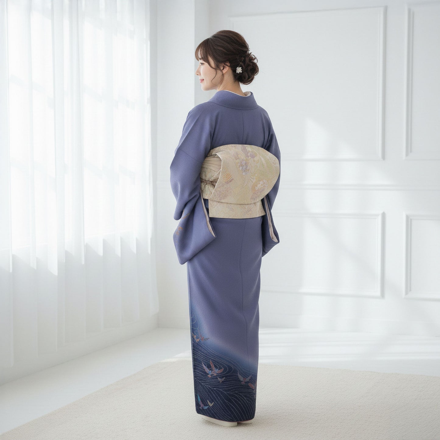 【レンタル】訪問着着物貸衣装フルセット入学式卒業式七五三お宮参り結婚式お宮参り結納母親ママ人気訪問着付下げフルセット着物着物往復送料無料正絹濃色紫鳥作家柄No.0055