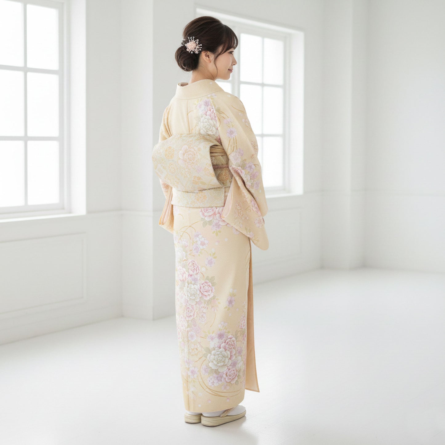 【レンタル】訪問着着物貸衣装フルセット入学式卒業式七五三お宮参り結婚式お宮参り結納母親ママ人気訪問着付下げフルセット着物着物往復送料無料黄クリーム桜牡丹No.0127