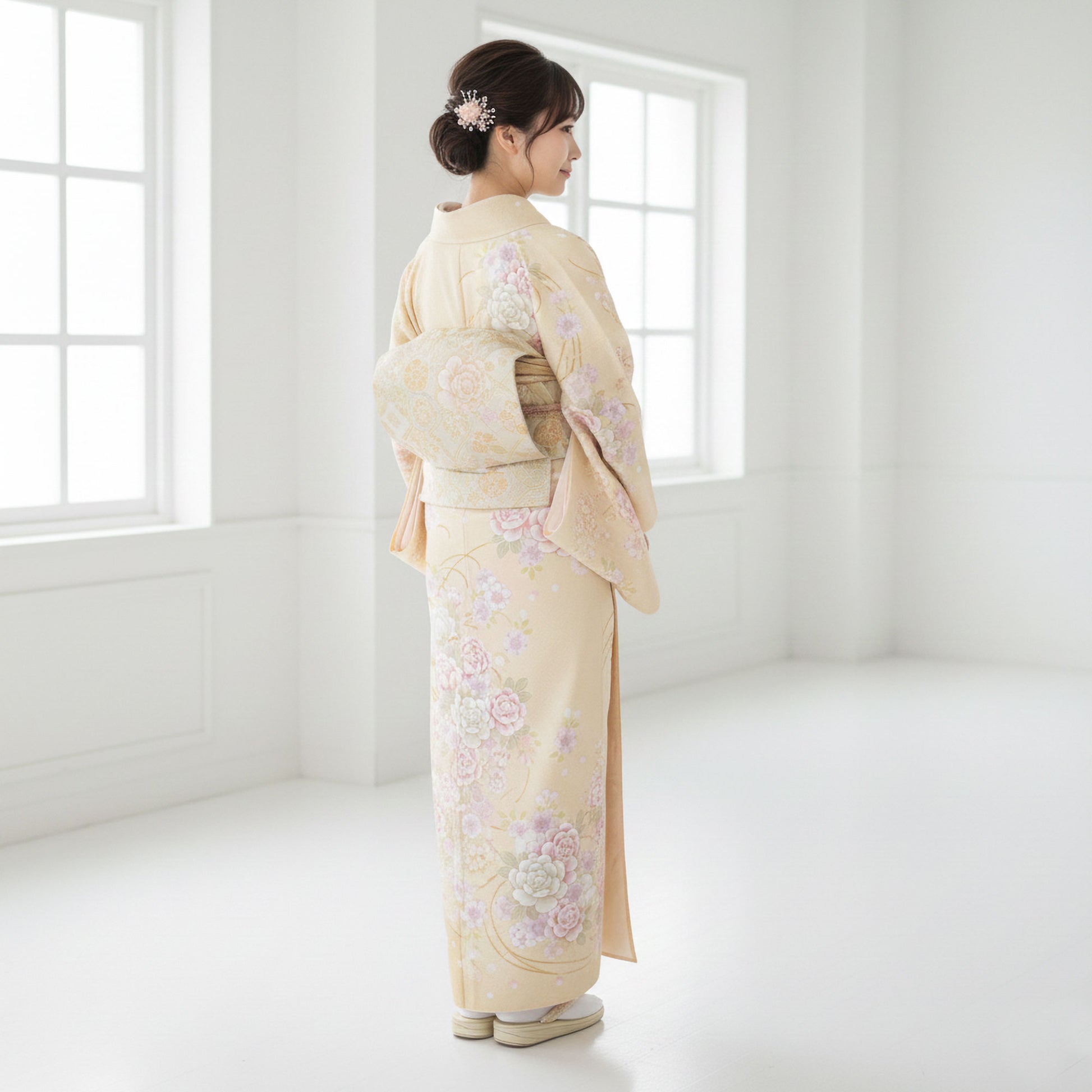 【レンタル】訪問着着物貸衣装フルセット入学式卒業式七五三お宮参り結婚式お宮参り結納母親ママ人気訪問着付下げフルセット着物着物往復送料無料黄クリーム桜牡丹No.0127