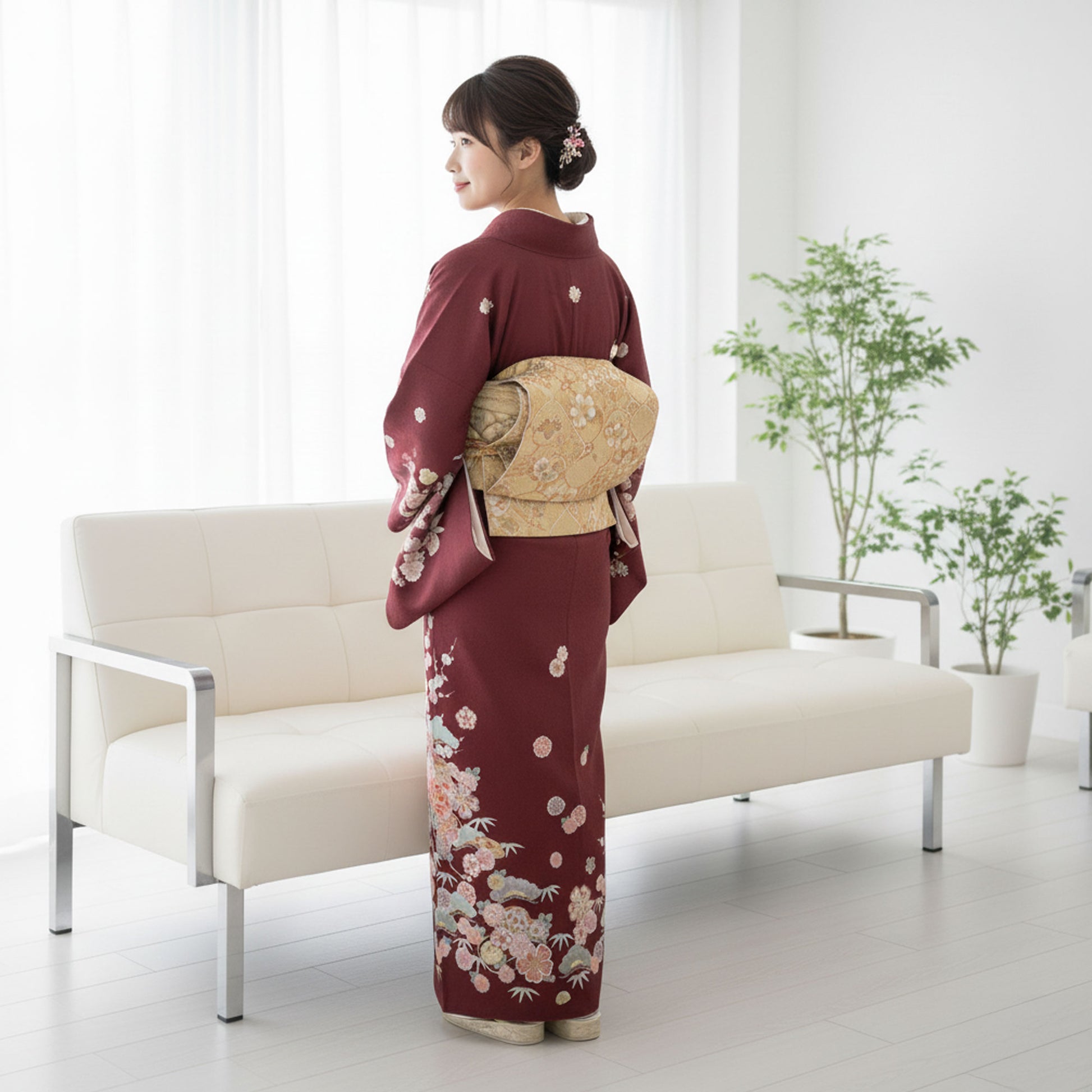 【レンタル】訪問着着物貸衣装フルセット入学式卒業式七五三お宮参り結婚式お宮参り結納お茶会パーティー母親ママ人気訪問着付下げフルセット着物着物往復送料無料赤紫えんじ牡丹松竹梅貝桶No.0162