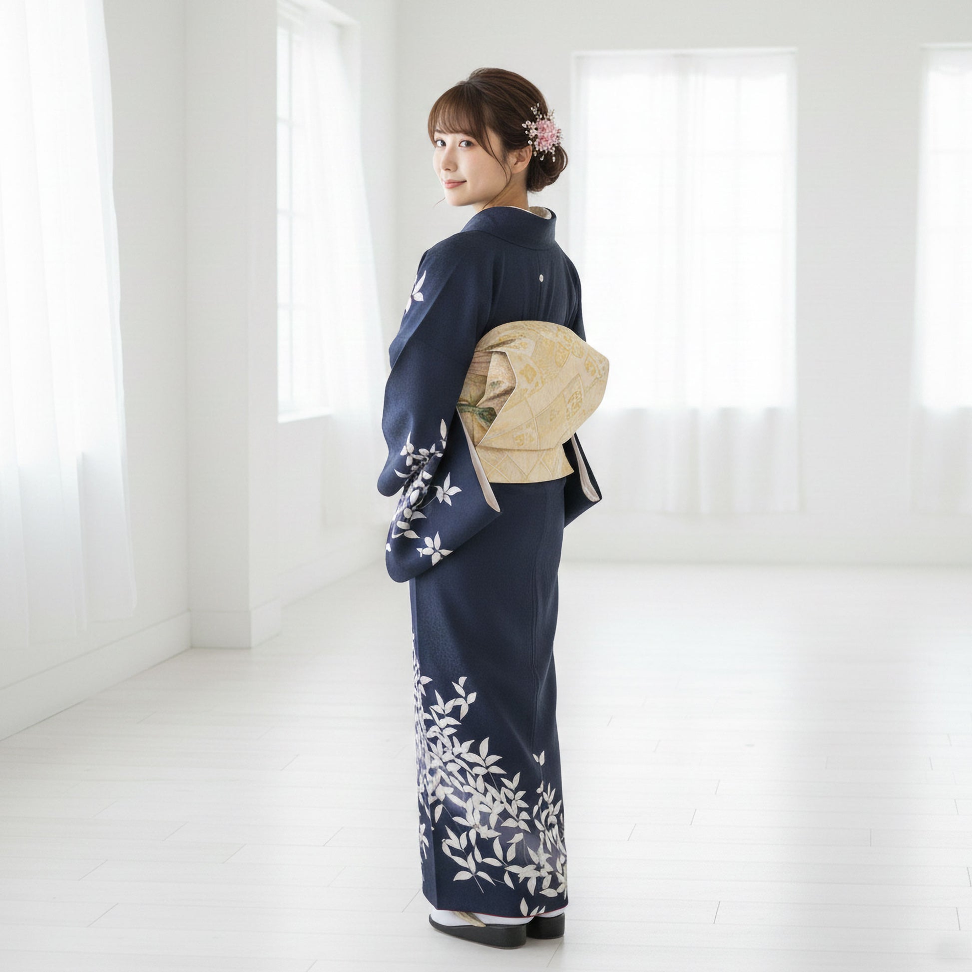 【レンタル】訪問着着物貸衣装フルセット入学式卒業式七五三お宮参り結婚式お宮参り結納母親ママ人気訪問着付下げフルセット着物着物往復送料無料濃紺白南天No.0184