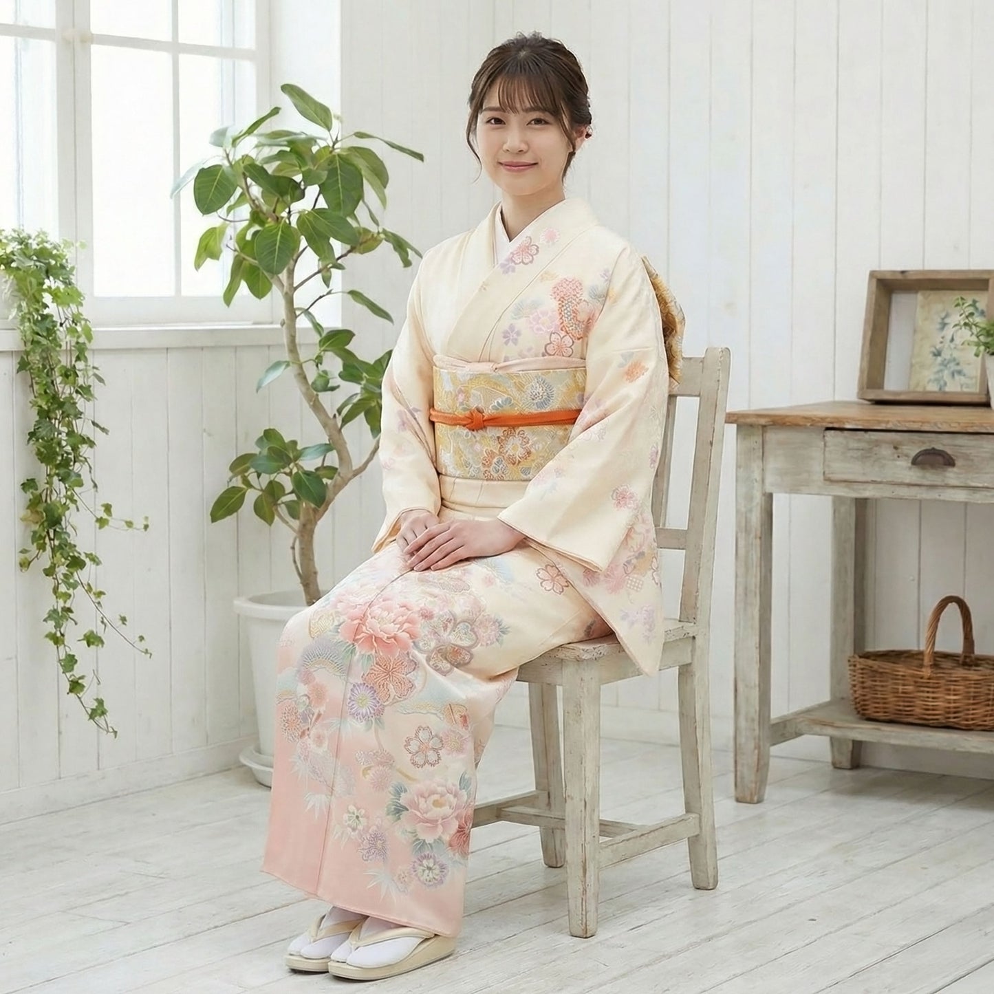 【レンタル】訪問着着物貸衣装フルセット入学式卒業式七五三お宮参り結婚式お宮参り結納母親ママ人気訪問着付下げフルセット着物着物往復送料無料クリーム牡丹No.0197
