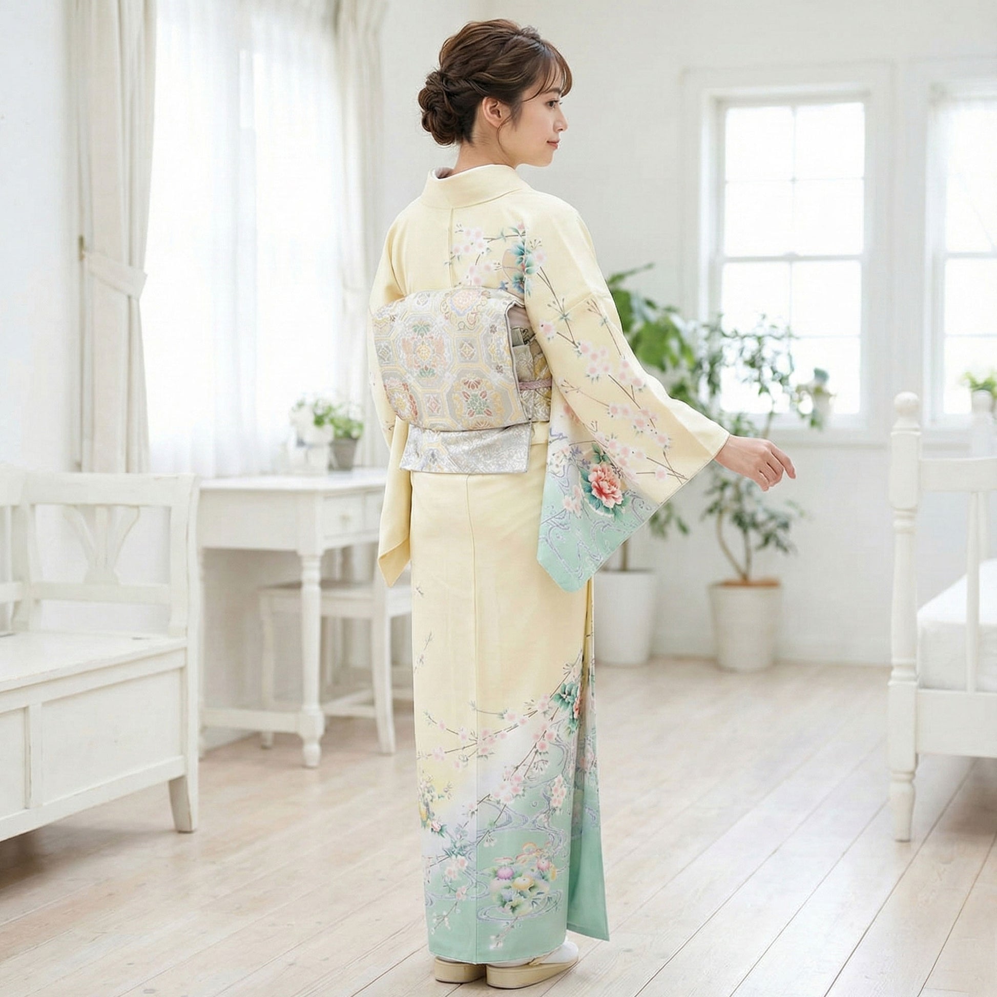 【レンタル】訪問着着物貸衣装フルセット入学式卒業式七五三お宮参り結婚式お宮参り結納母親ママ人気訪問着付下げフルセット着物着物往復送料無料黄色桜No.0205