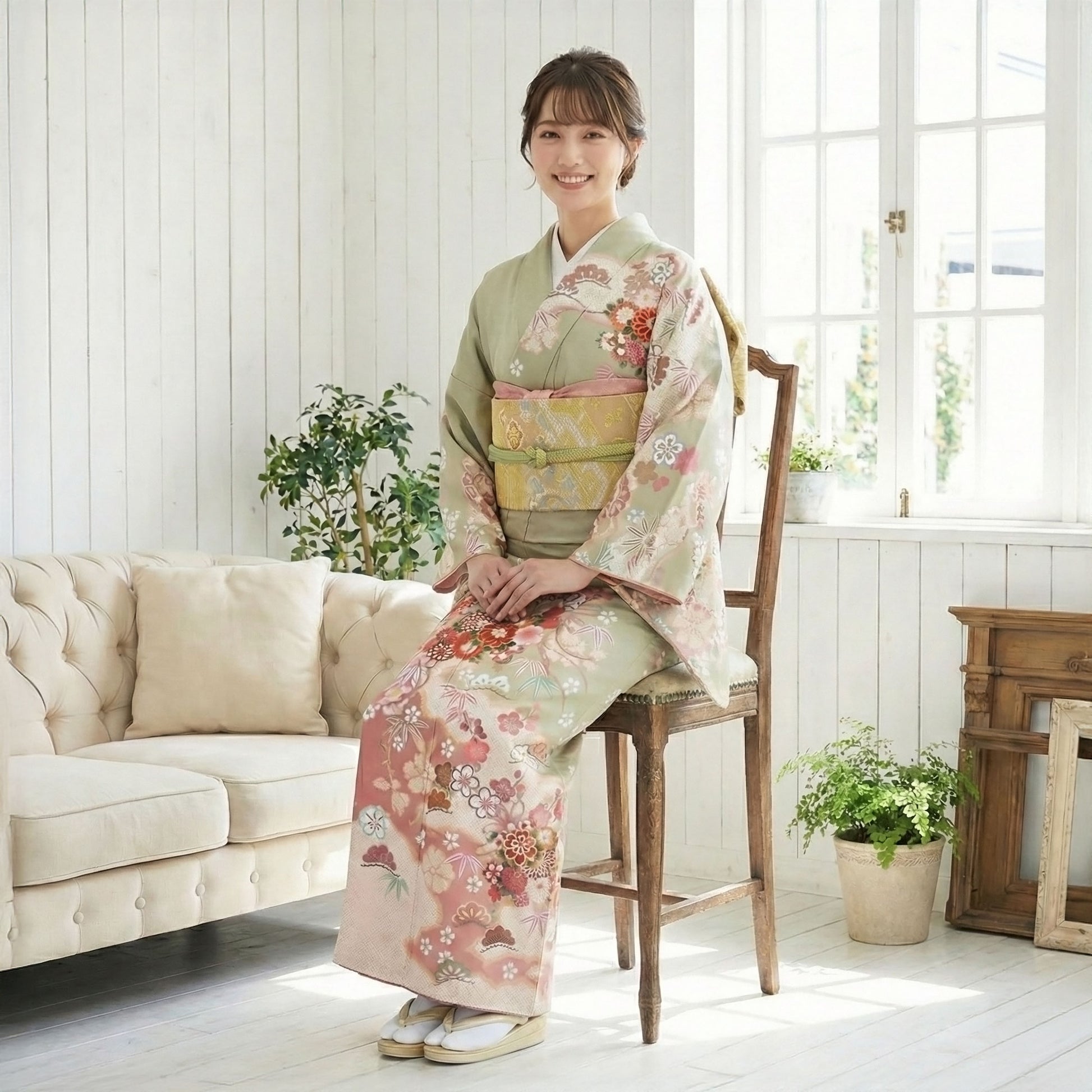 【レンタル】訪問着着物貸衣装フルセット入学式卒業式七五三お宮参り結婚式お宮参り結納母親ママ人気訪問着付下げフルセット着物着物往復送料無料緑グリーン抹茶松竹梅No.0213