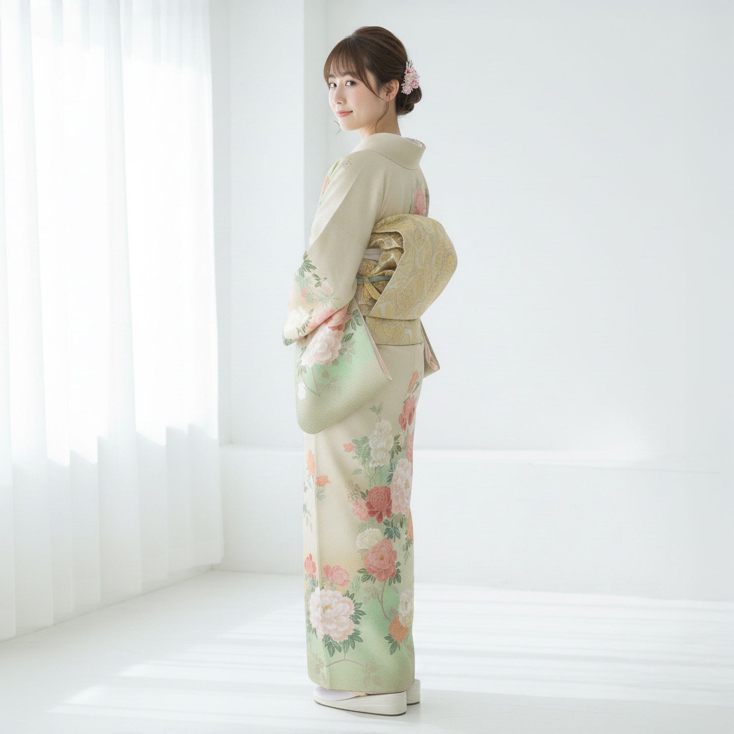 【レンタル】訪問着着物貸衣装フルセット入学式卒業式七五三お宮参り結婚式お宮参り結納母親ママ人気訪問着付下げフルセット着物着物往復送料無料黄緑グリーン大柄牡丹No.0220
