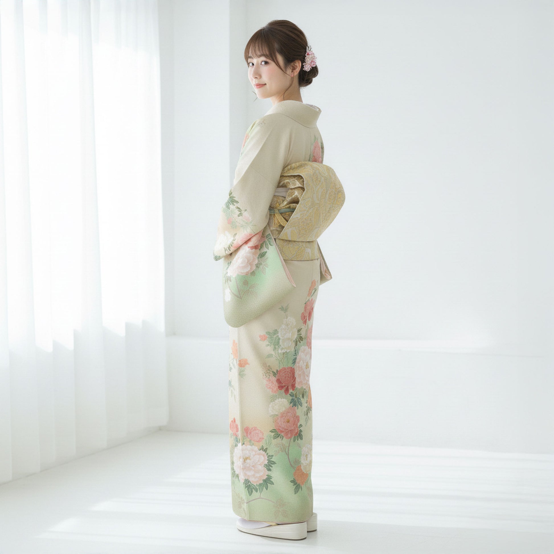 【レンタル】訪問着着物貸衣装フルセット入学式卒業式七五三お宮参り結婚式お宮参り結納母親ママ人気訪問着付下げフルセット着物着物往復送料無料黄緑グリーン大柄牡丹No.0220