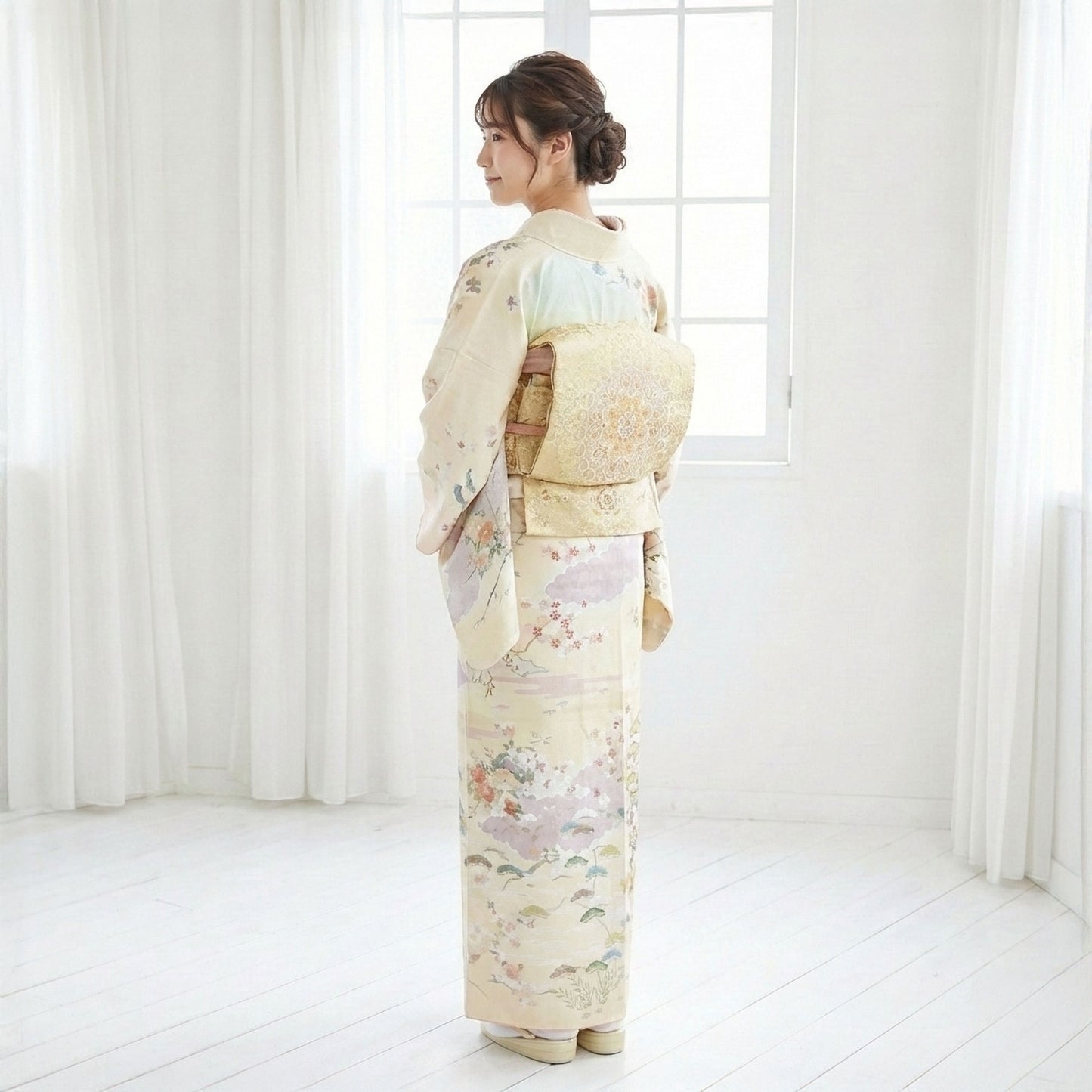 【レンタル】訪問着着物貸衣装フルセット入学式卒業式七五三結婚式お宮参り結納お茶会パーティー母親ママ人気訪問着付下げフルセットクリームNo.0248