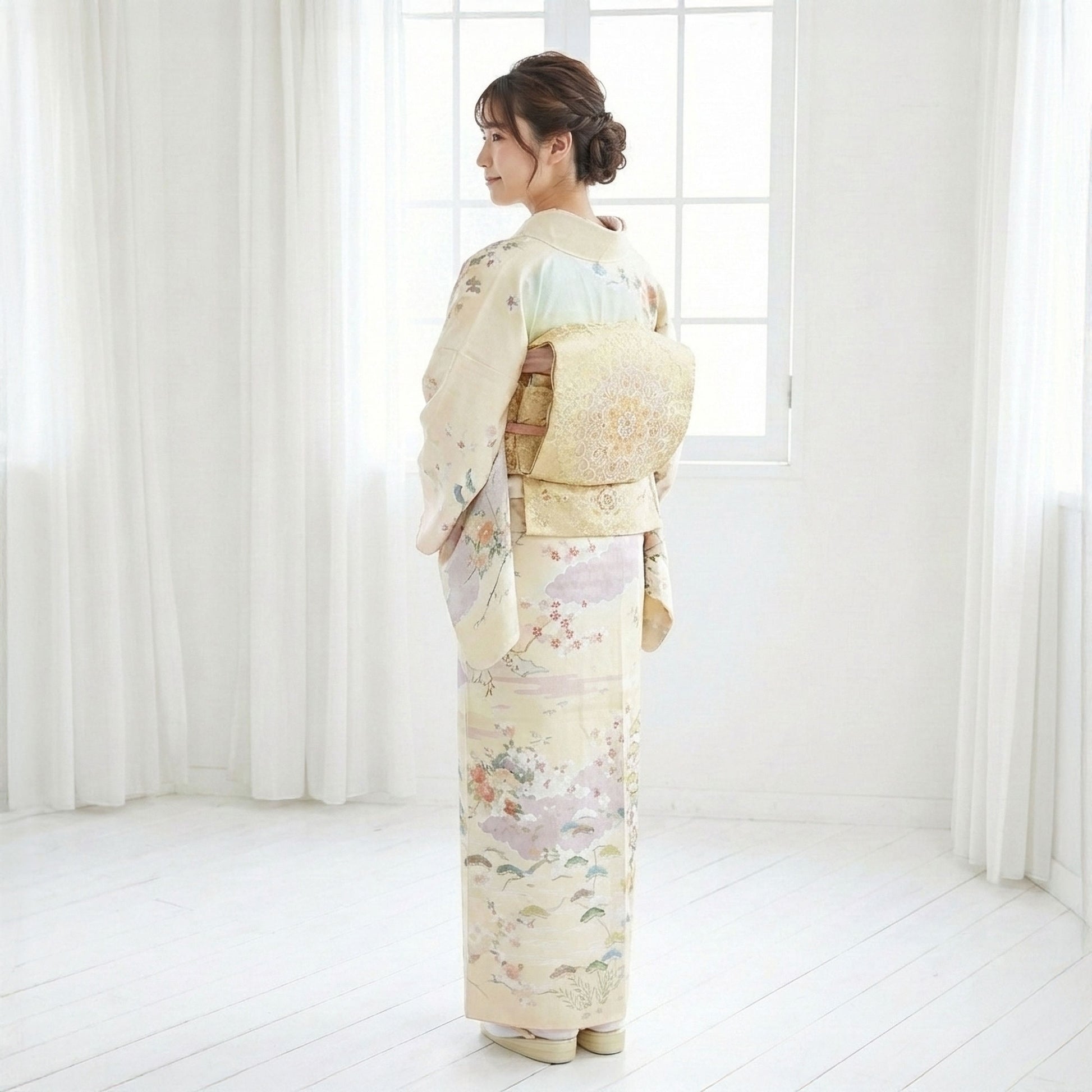 【レンタル】訪問着着物貸衣装フルセット入学式卒業式七五三結婚式お宮参り結納お茶会パーティー母親ママ人気訪問着付下げフルセットクリームNo.0248