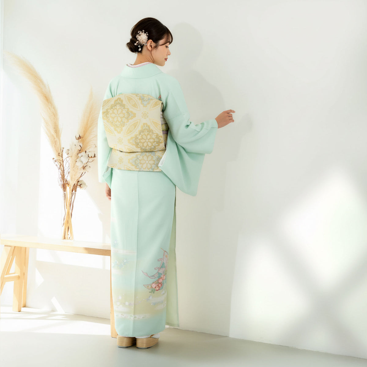 【クーポンで10%OFF！10日限定!】【レンタル】訪問着着物貸衣装フルセット入学式卒業式七五三結婚式お宮参り結納お茶会パーティー母親ママ人気訪問着付下げフルセット緑グリーン古典雲和モダンNo.0359