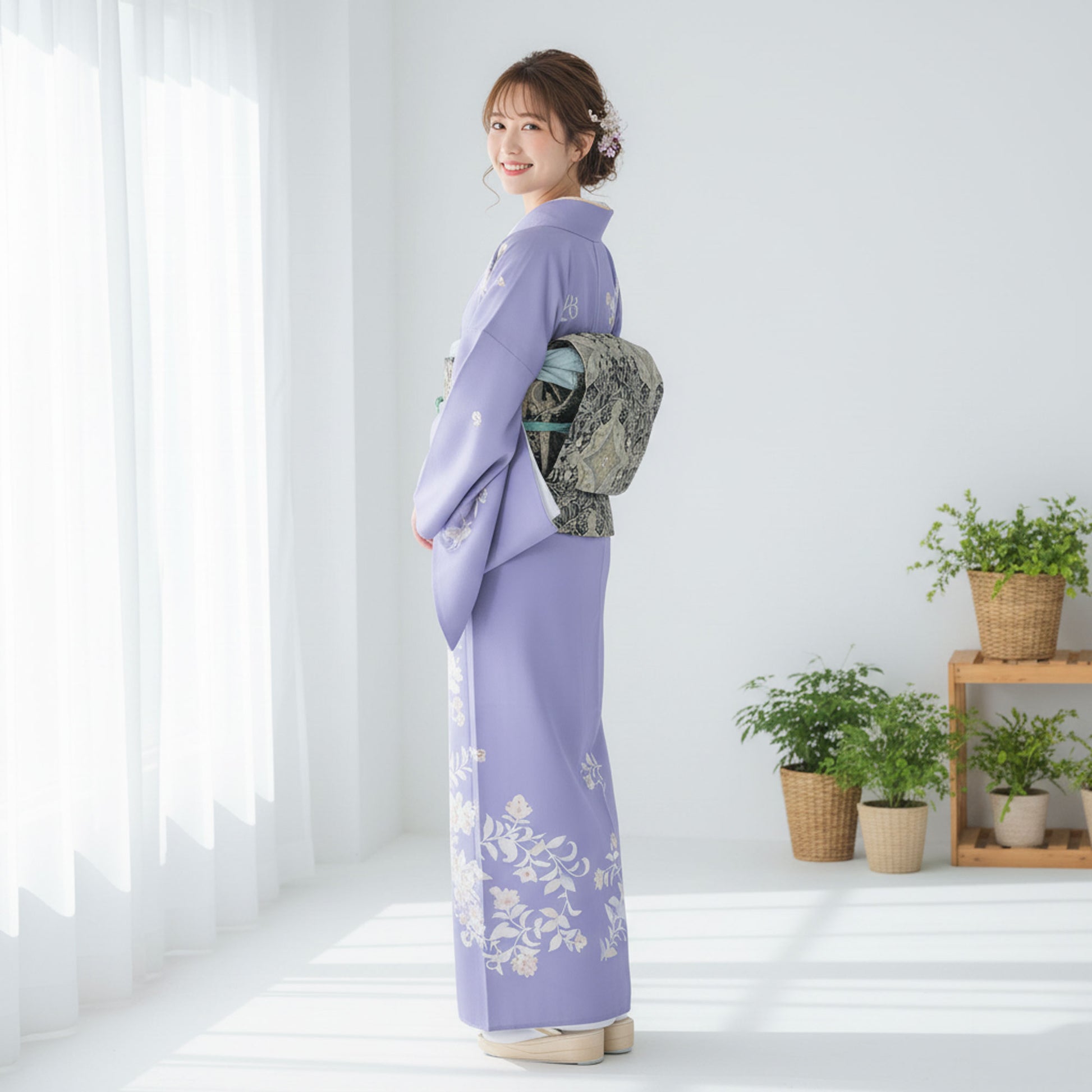 【レンタル】訪問着着物貸衣装フルセット入学式卒業式七五三結婚式お宮参り結納お茶会パーティー母親ママ人気訪問着付下げフルセット紫パープルフェミニン上品和モダンNo.0380