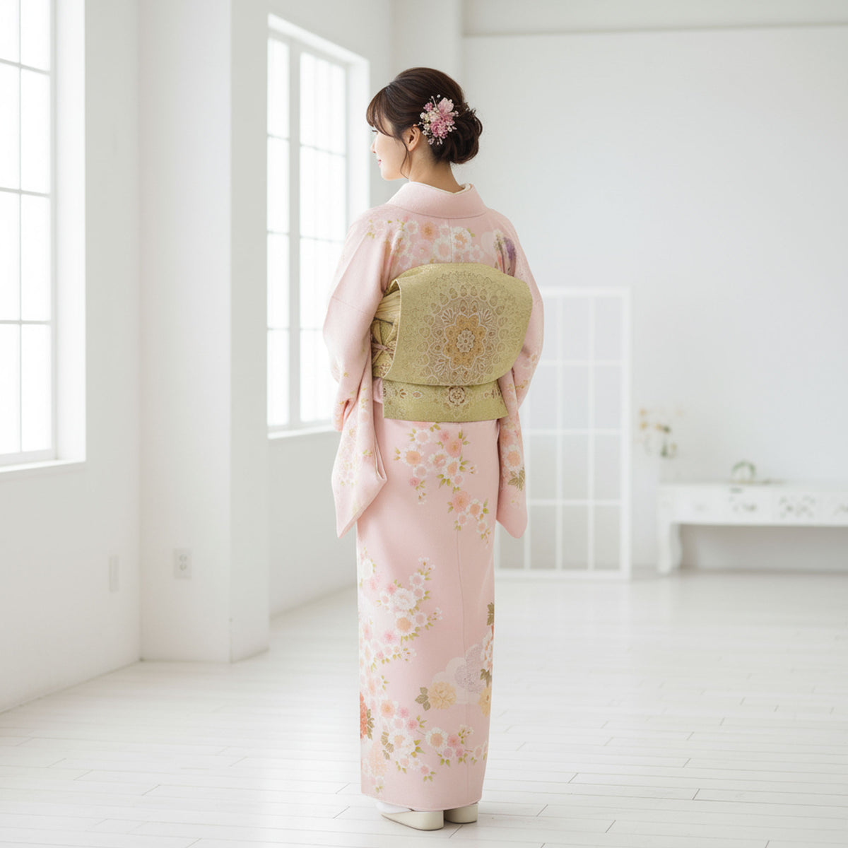 【レンタル】訪問着着物貸衣装フルセット入学式卒業式七五三結婚式お宮参り結納お茶会パーティー母親ママ人気訪問着付下げフルセットピンク和柄桜No.401