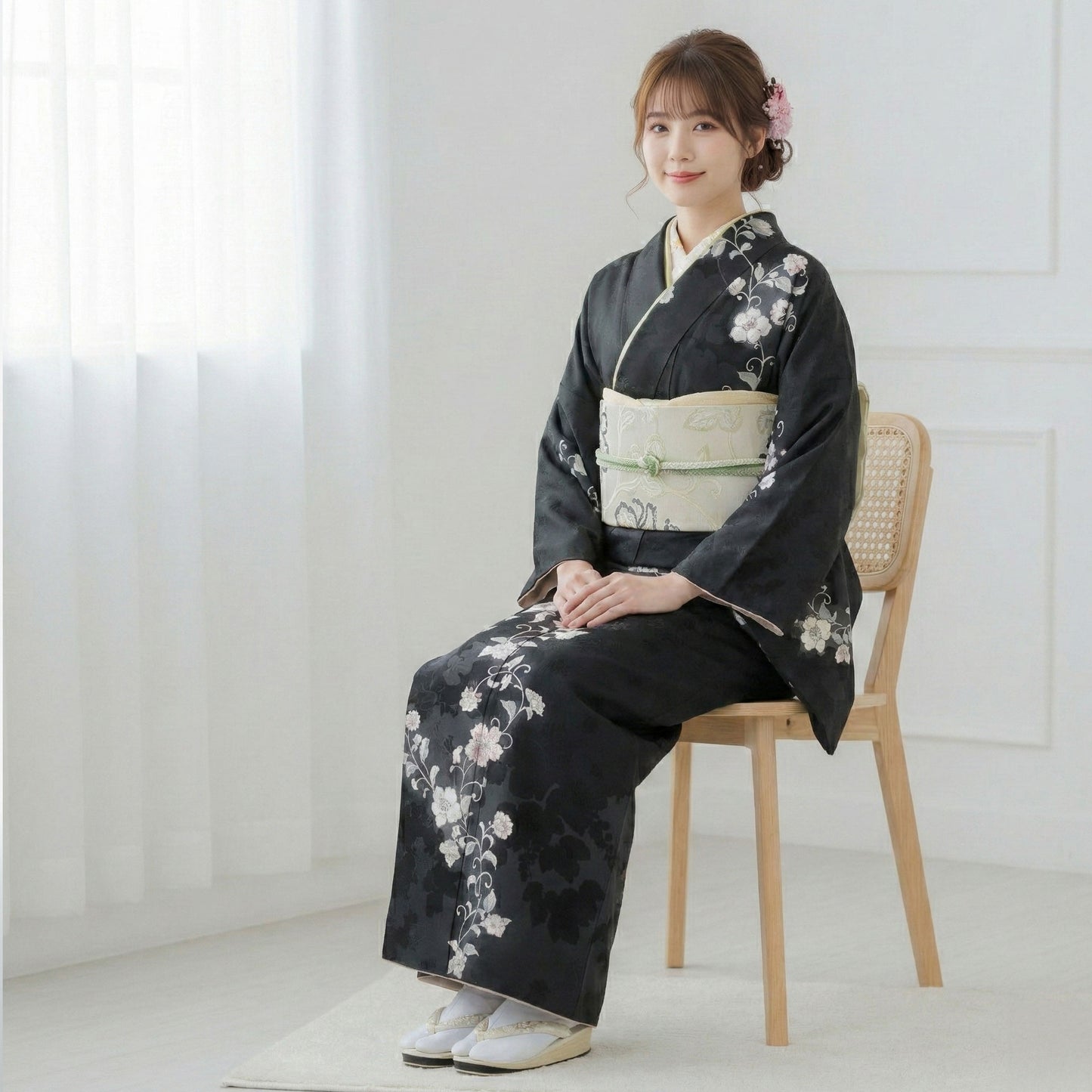 【レンタル】訪問着着物貸衣装フルセット入学式卒業式七五三結婚式お宮参り結納お茶会パーティー母親ママ人気訪問着フルセット唐草黒ブラックNo.419
