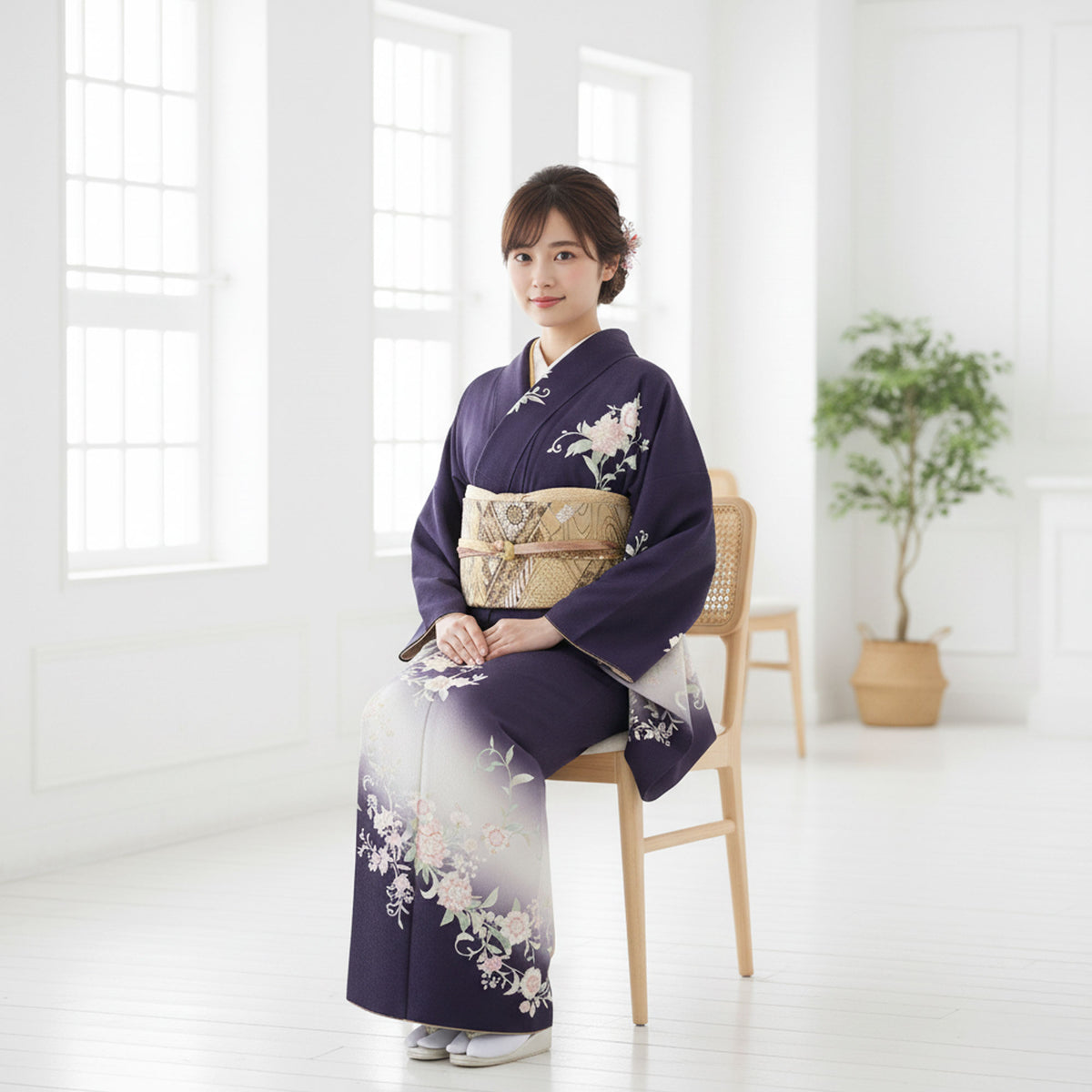 【レンタル】訪問着着物貸衣装フルセット入学式卒業式七五三結婚式お宮参り結納お茶会パーティー母親ママ人気訪問着フルセット紫パープル唐草No.425