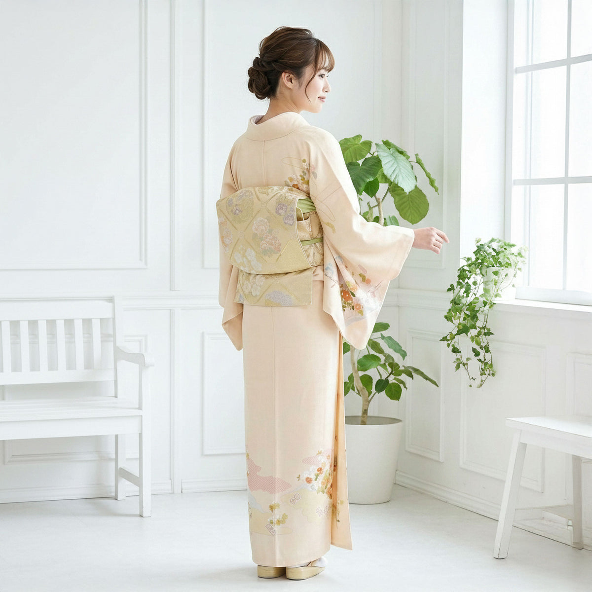 【レンタル】訪問着着物貸衣装フルセット入学式卒業式七五三結婚式お宮参り結納お茶会パーティー母親ママ人気訪問着フルセットベージュ古典柄No.430