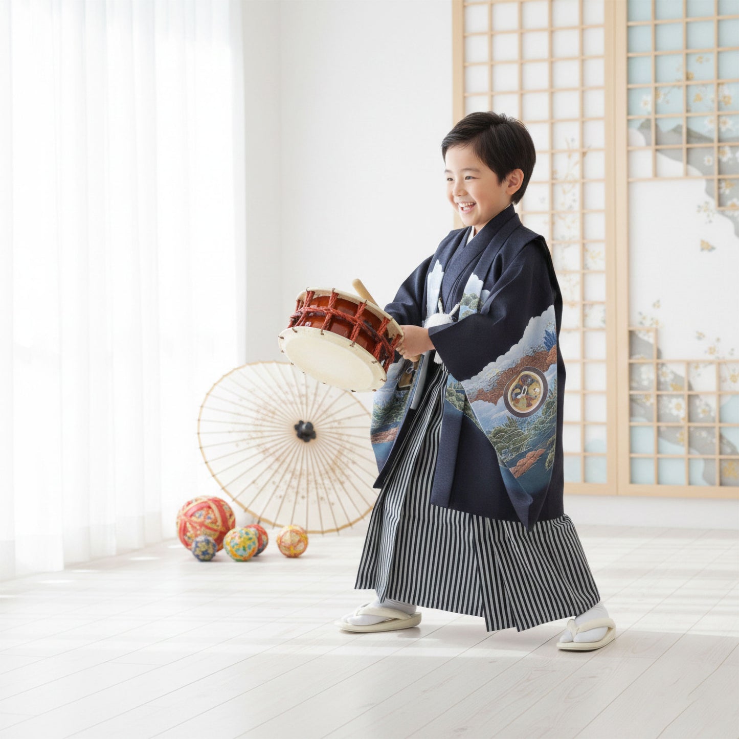 【レンタル】卒園七五三【かんたん着付け】羽織袴五歳男児着物アンサンブルセットフルセット【5歳貸衣装子供男の子着物セット】お正月卒業式【往復送料無料】地模様入り鷹黒新品足袋プレゼント