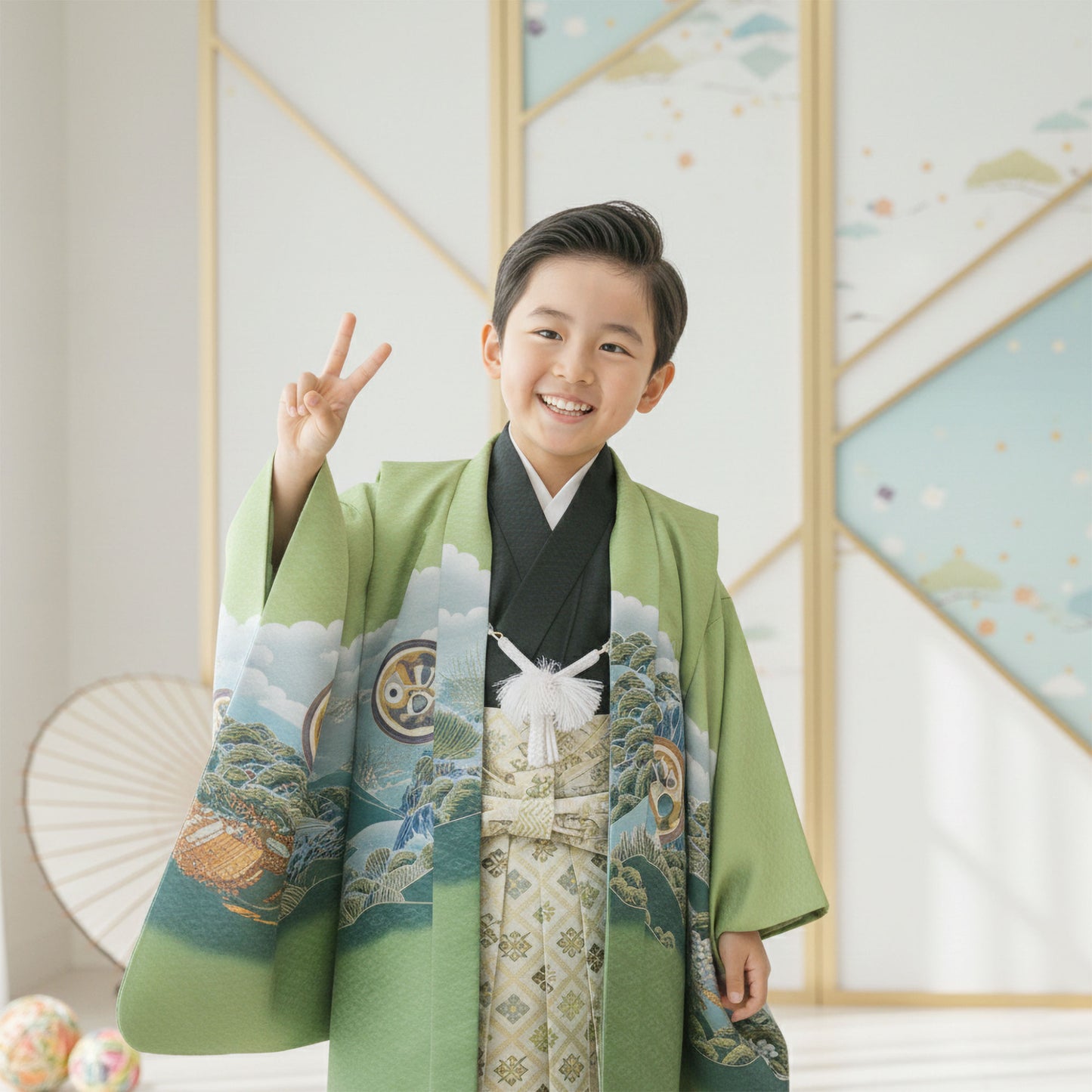 【レンタル】卒園七五三【かんたん着付け】羽織袴五歳男児着物アンサンブルセットフルセット【5歳貸衣装子供男の子着物セット】お正月卒業式【往復送料無料】地模様入り鷹緑新品足袋プレゼント