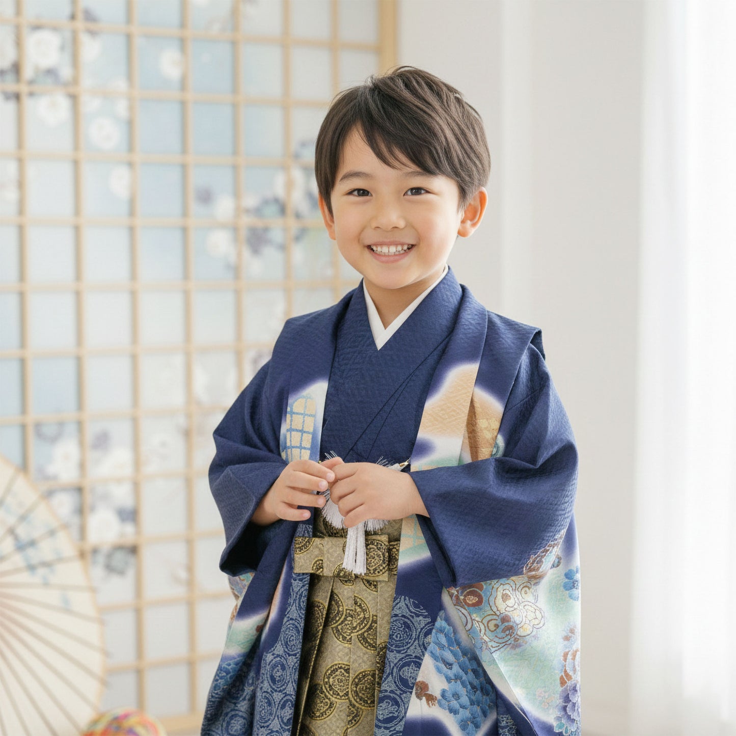 【レンタル】卒園七五三【かんたん着付け】羽織袴五歳男児着物アンサンブルセットフルセット【5歳貸衣装子供男の子着物セット】お正月卒業式【往復送料無料】地模様入り鷹紺新品足袋プレゼント