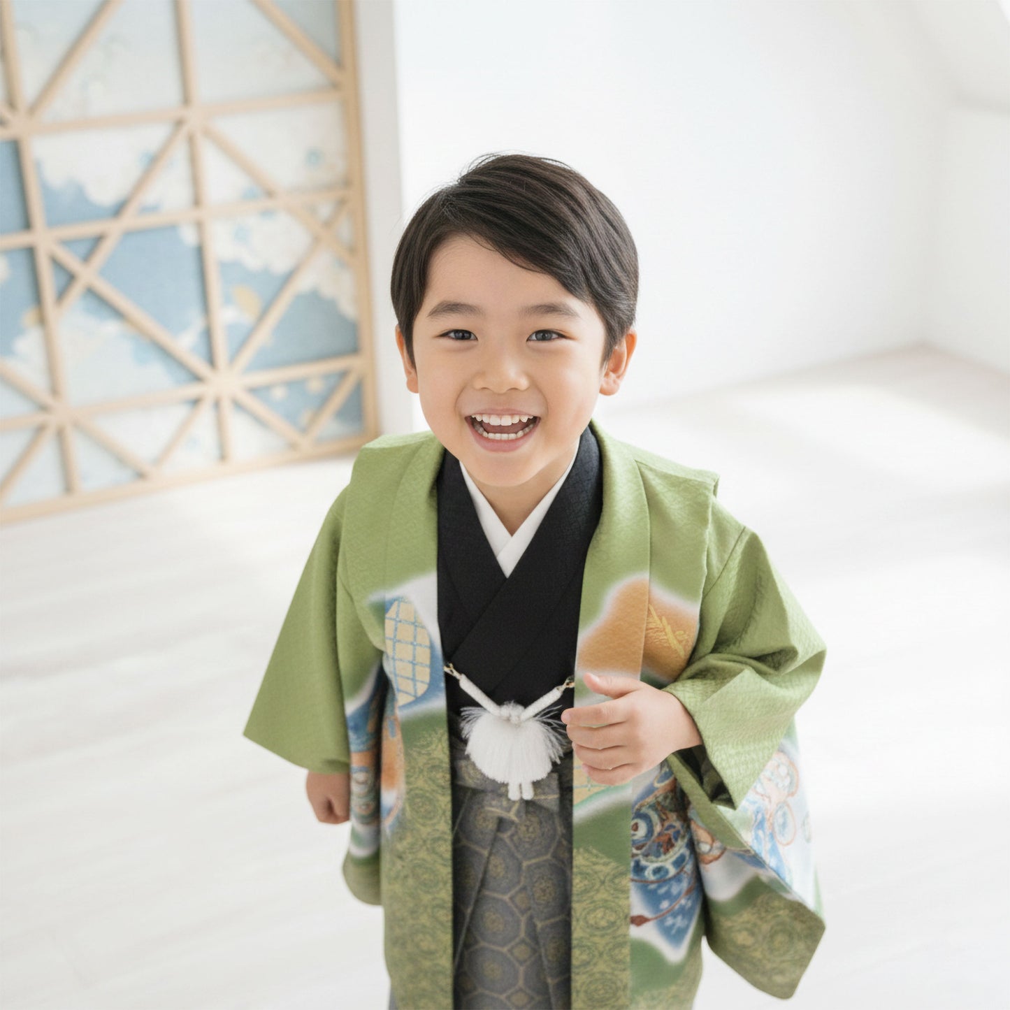【レンタル】卒園七五三【かんたん着付け】羽織袴五歳男児着物アンサンブルセットフルセット【5歳貸衣装子供男の子着物セット】お正月卒業式【往復送料無料】地模様入り鷹緑新品足袋プレゼント
