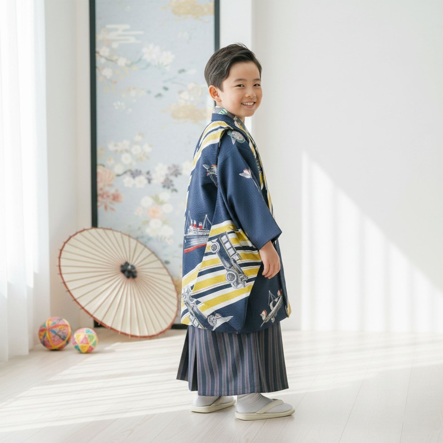 【レンタル】卒園七五三【かんたん着付け】ModernAntennaモダンアンテナ羽織袴五歳男児着物アンサンブルセットフルセット【5歳貸衣装子供男の子着物セット】お正月卒業式【往復送料無料】黒緑新品足袋プレゼント
