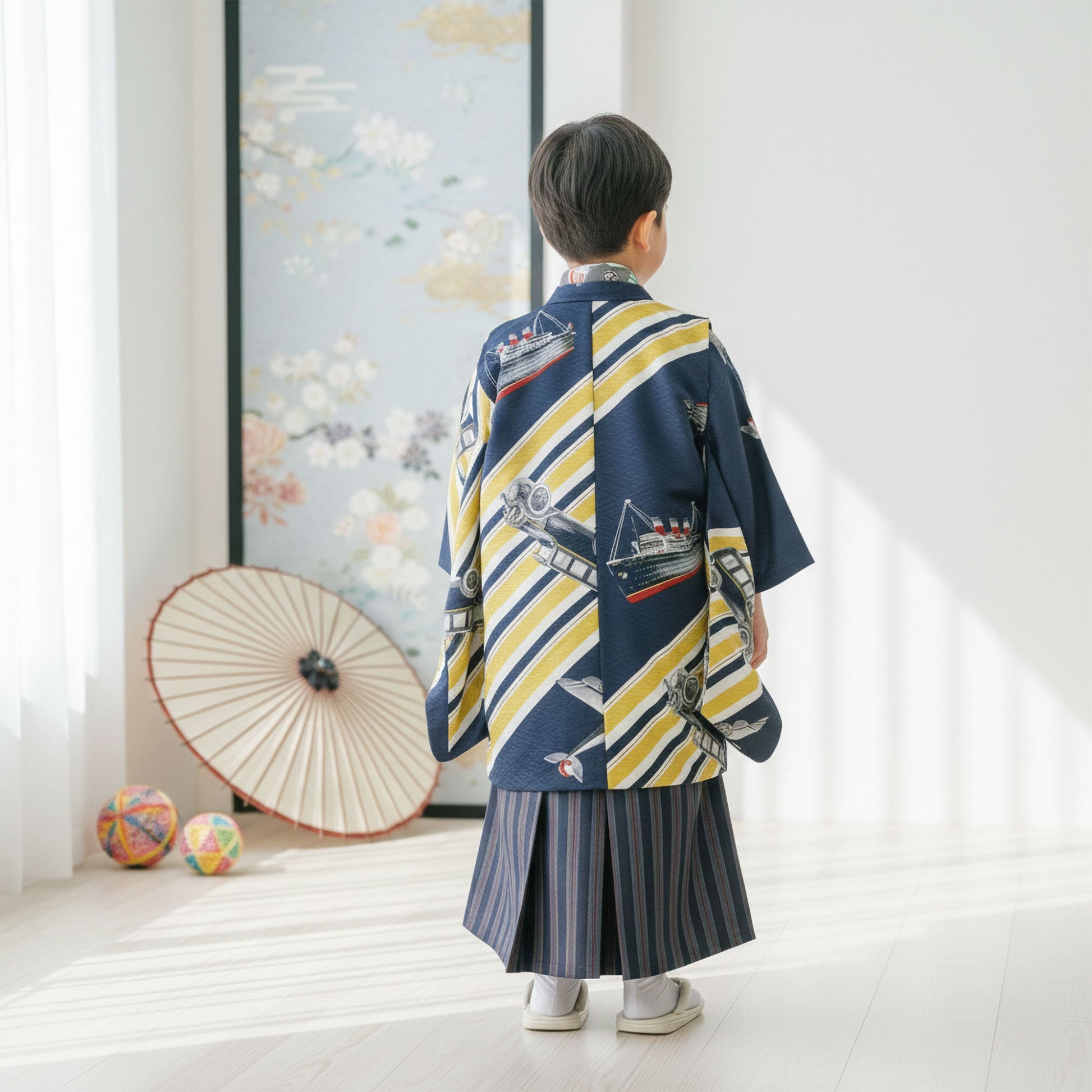 【レンタル】卒園七五三【かんたん着付け】ModernAntennaモダンアンテナ羽織袴五歳男児着物アンサンブルセットフルセット【5歳貸衣装子供男の子着物セット】お正月卒業式【往復送料無料】黒緑新品足袋プレゼント