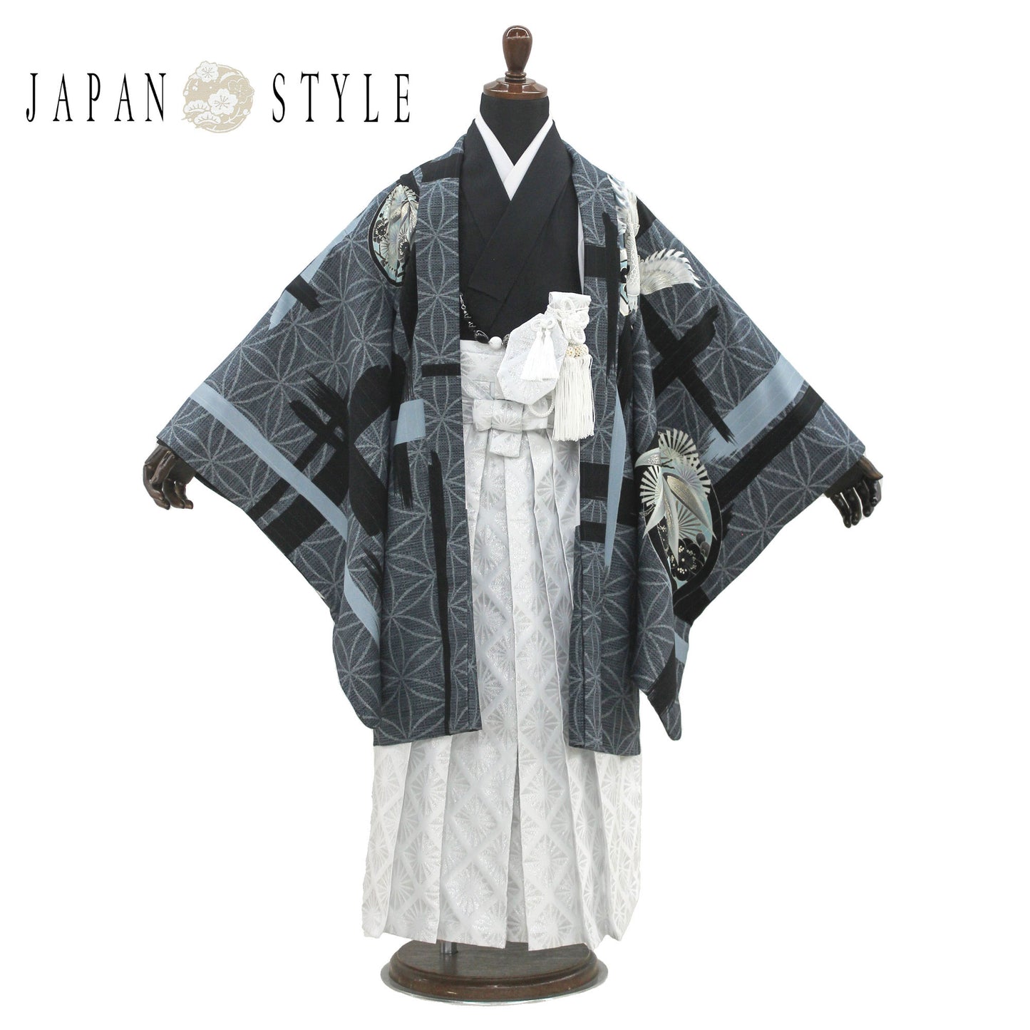 【レンタル】JAPANSTYLE七五三【かんたん着付け】羽織袴五歳男児着物アンサンブルセットフルセット【5歳貸衣装子供男の子着物セット】お正月卒業式【往復送料無料】古典黒白新品足袋プレゼント