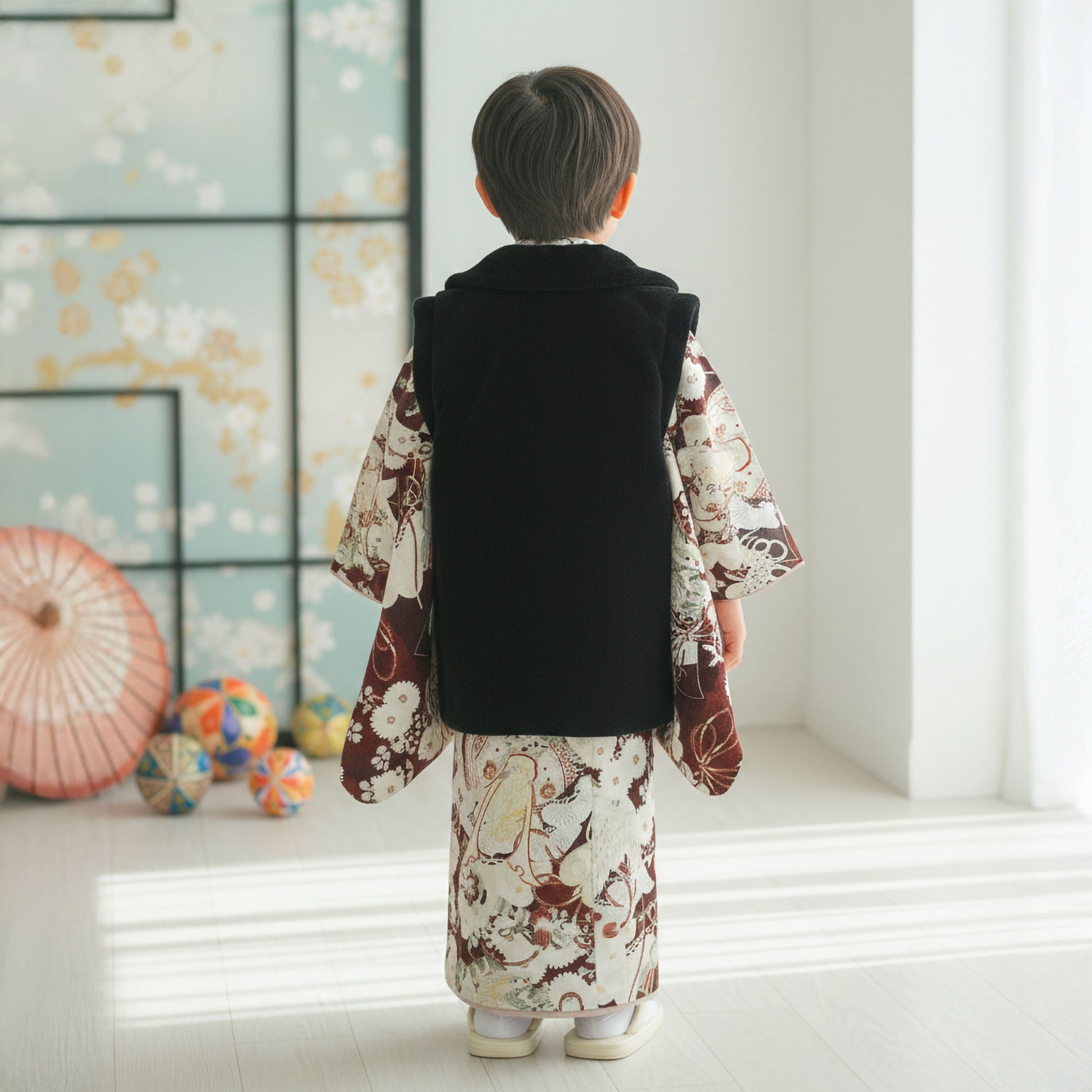 【レンタル】華徒然七五三男児被布コート三歳着物被布セットフルセット【3歳貸衣装子供男の子着物セット】お正月卒業式【往復送料無料】モダン黒赤白新品足袋プレゼント