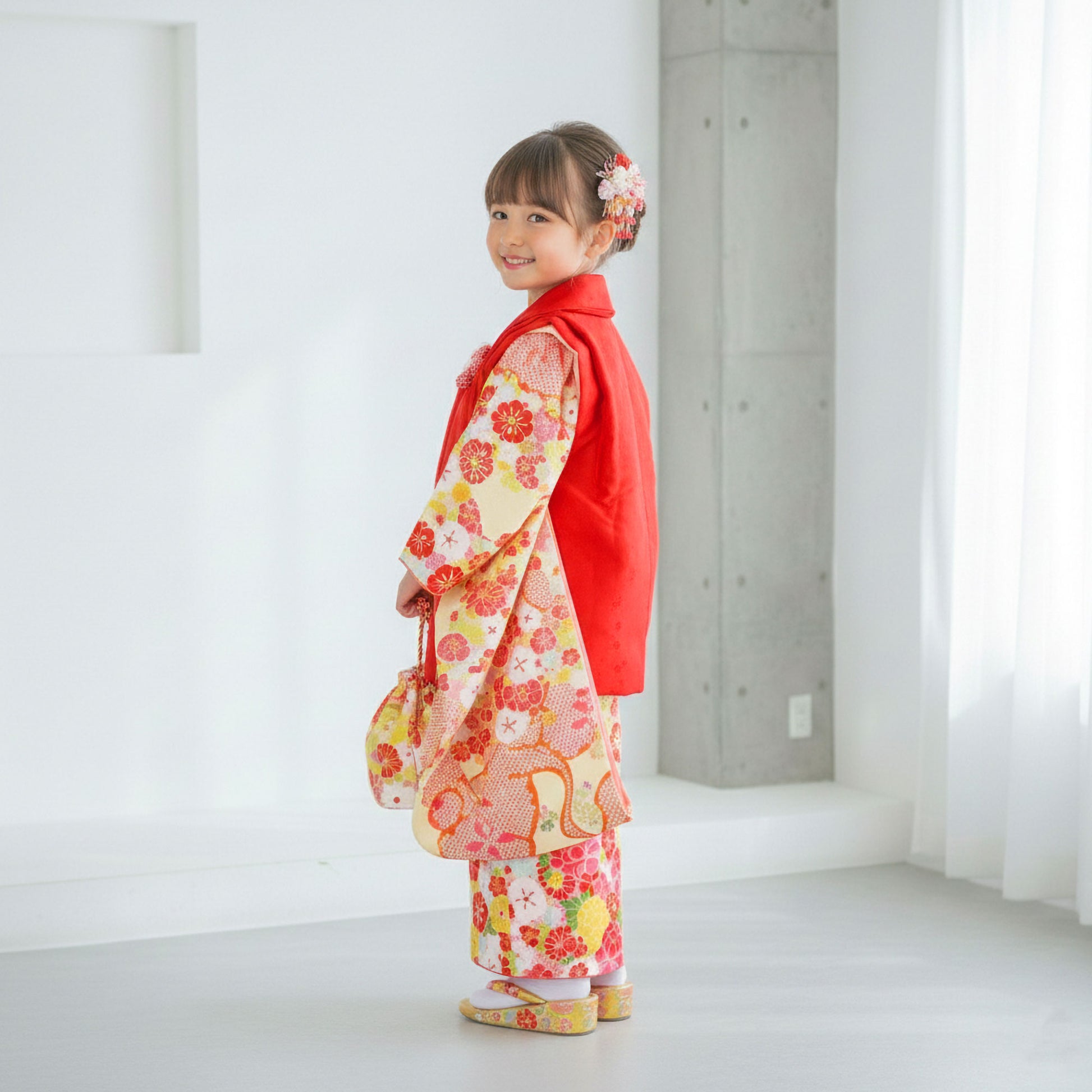 【お買い物マラソン10%OFFクーポン配布中!】【レンタル】七五三女の子3歳着物被布753着物フルセット着物貸衣装七五三三歳子供着物女児子ども結婚式和装小町kids小町キッズ赤クリーム鶴【往復送料無料】No.3008新品