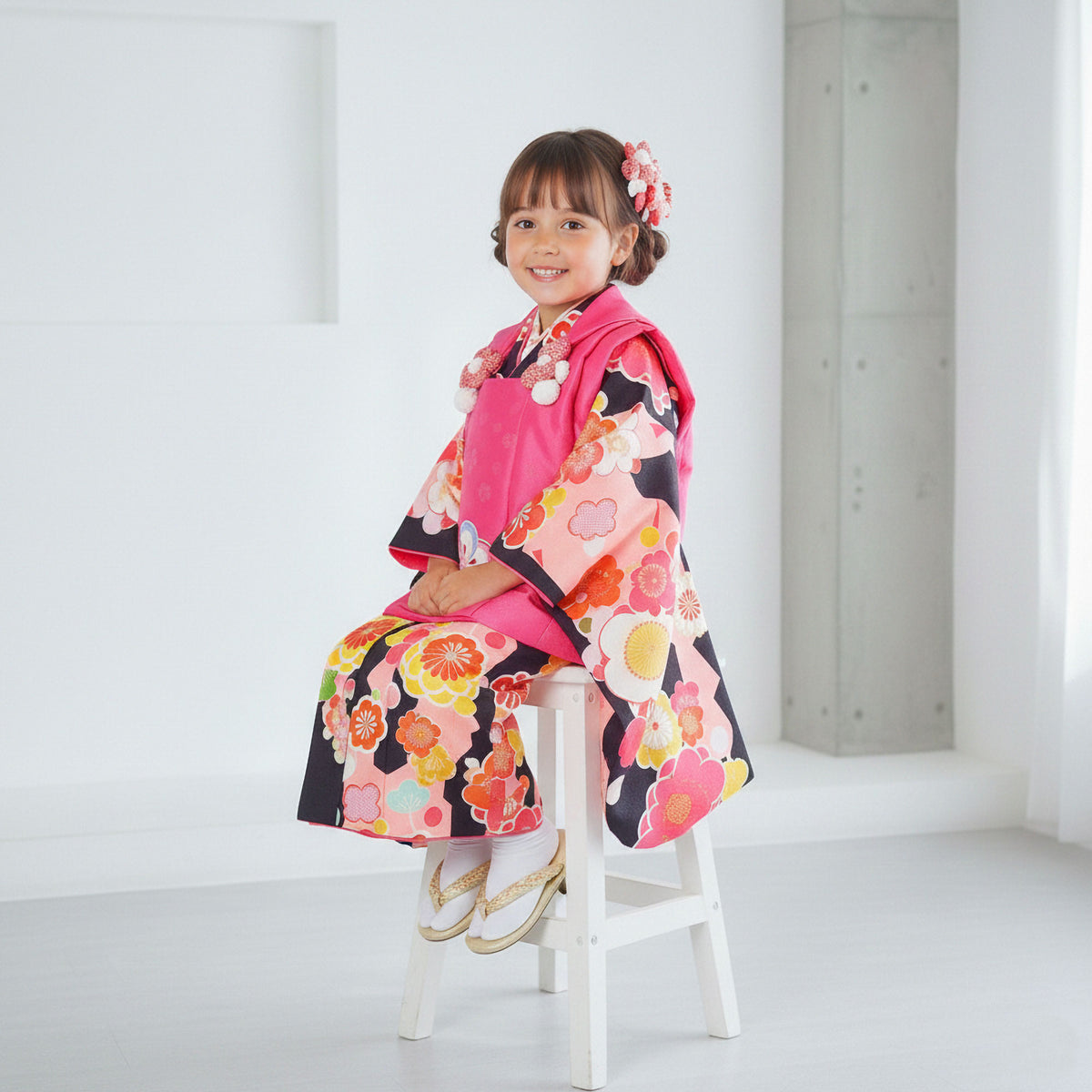 【レンタル】七五三女の子3歳着物被布753着物フルセット着物貸衣装七五三三歳子供着物女児子ども結婚式和装小町kids小町キッズピンク黒梅【往復送料無料】No.3010新品足袋プレゼント