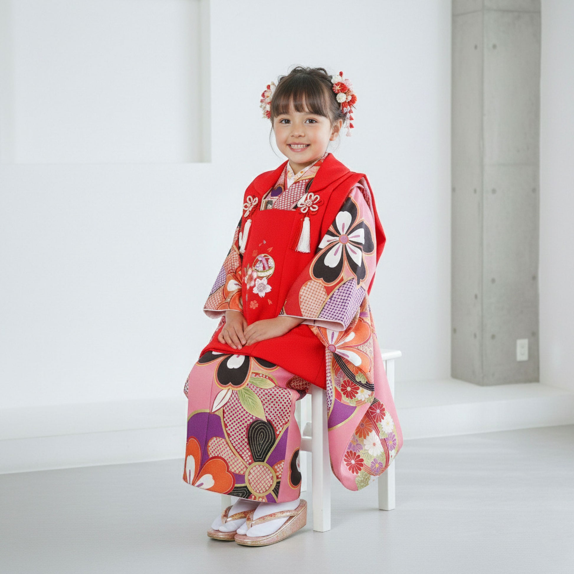 【レンタル】七五三女の子3歳着物被布753着物フルセット着物貸衣装七五三三歳子供着物女児子ども結婚式和装オリジナル赤ピンク【往復送料無料】No.3014新品足袋プレゼント
