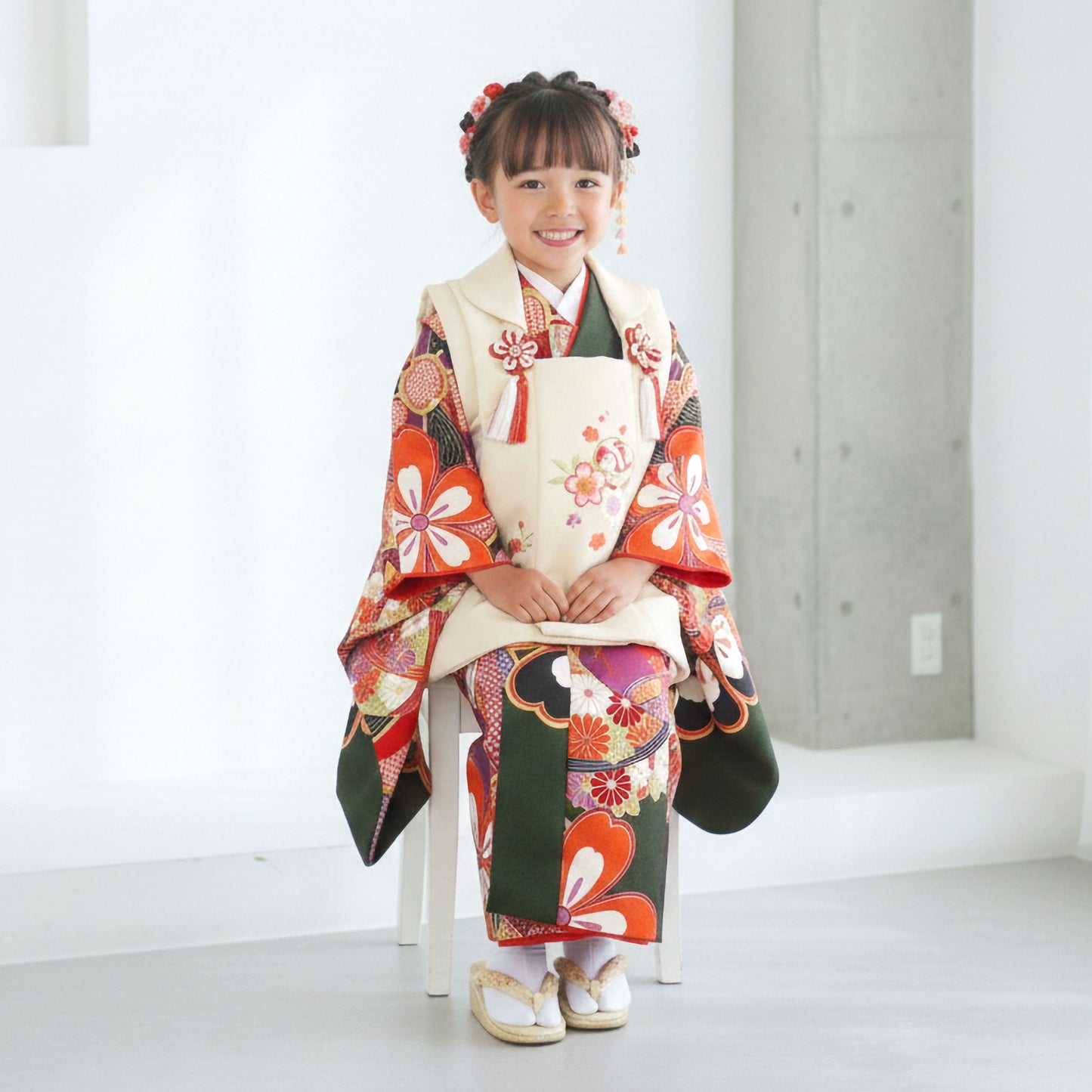 【レンタル】七五三女の子3歳着物被布753着物フルセット着物貸衣装七五三三歳子供着物女児子ども結婚式和装オリジナル緑白【往復送料無料】No.3015新品足袋プレゼント