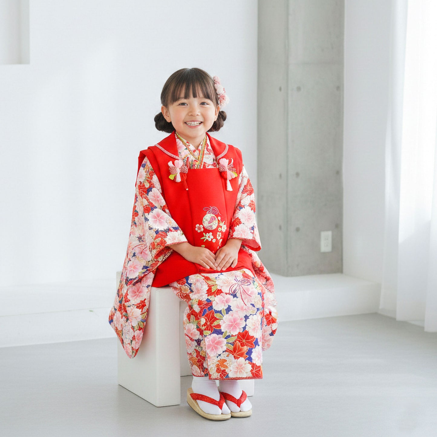 【レンタル】七五三女の子3歳着物被布753着物フルセット着物貸衣装七五三三歳子供着物女児子ども結婚式和装式部浪漫ブランド赤桜【往復送料無料】No.3020新品足袋プレゼント