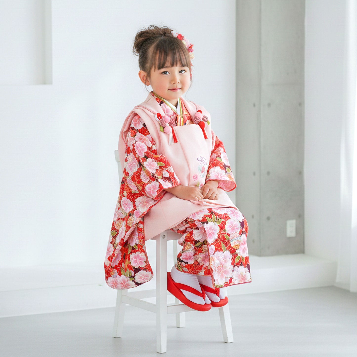 【レンタル】七五三女の子3歳着物被布753着物フルセット着物貸衣装七五三三歳子供着物女児子ども結婚式和装式部浪漫ブランド赤ピンク桜【往復送料無料】No.3021新品足袋プレゼント